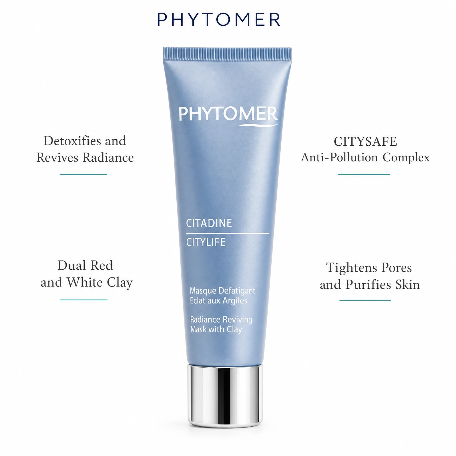 Phytomer Citadine Citylife Radiance Reviving Mask with Clay 50ml with four benefit callouts: Detoxifies and Revives Radiance, Dual Red and White Clay, CITYSAFE Anti-Pollution Complex, Tightens Pores and Purifies Skin