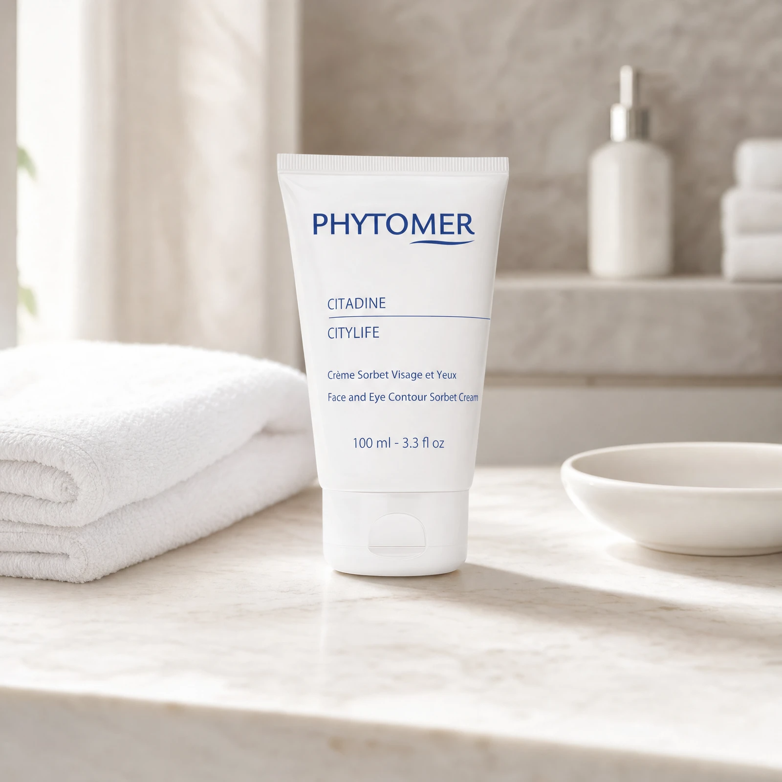 Phytomer Citadine Citylife Face and Eye Contour Sorbet Cream 100ml professional tube on a premium beauty clinic marble counter with white spa towels and ceramic dish