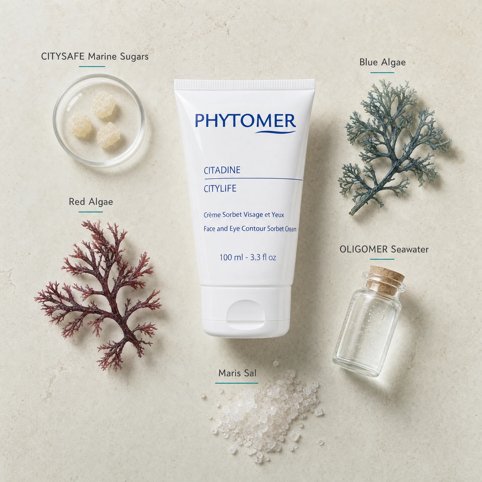 Phytomer Citadine Citylife Sorbet Cream 100ml flatlay with key ingredients including CITYSAFE Marine Sugars, Blue Algae, Red Algae, OLIGOMER Seawater and Maris Sal sea salt