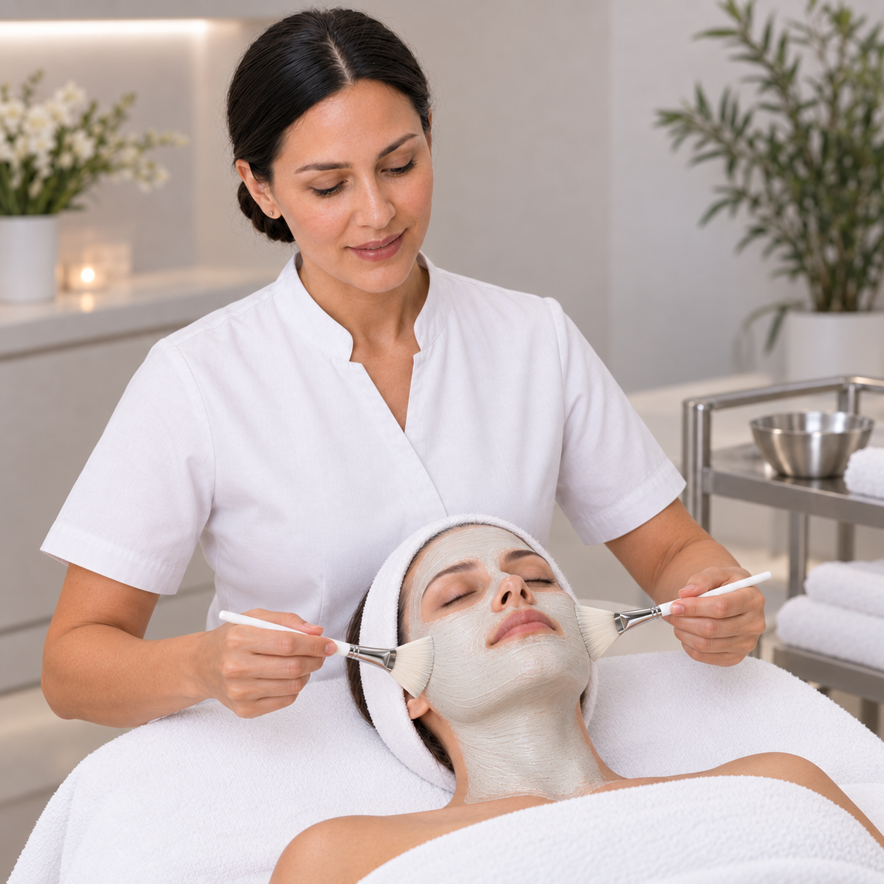 Professional therapist performing the Pure Pore Heating Mask two-brush technique during the PHYTOMER CITYLIFE treatment.