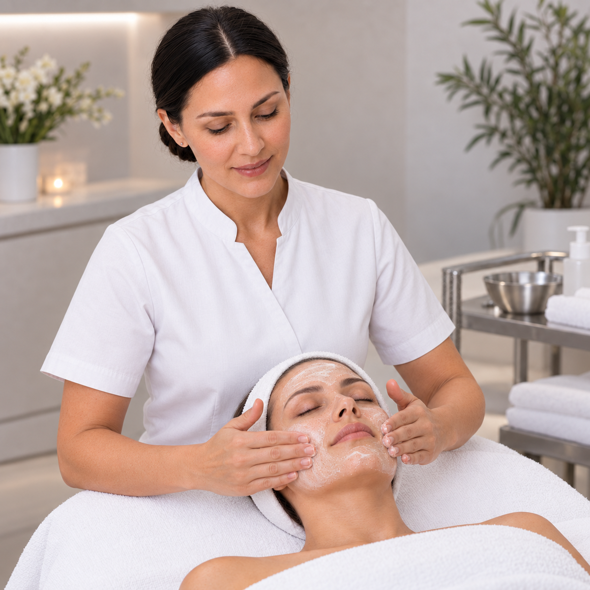 Professional therapist performing the Marine Mist immersion ritual at the beginning of the PHYTOMER CITYLIFE treatment.