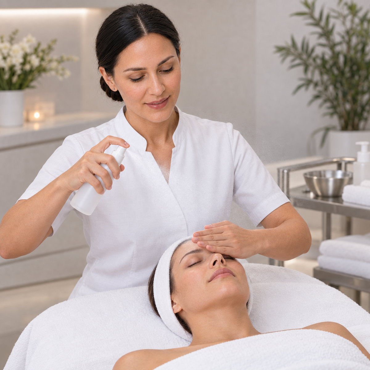 Professional therapist performing the Marine Mist immersion ritual at the beginning of the PHYTOMER CITYLIFE Anti-Pollution Skin Freshness Treatment.