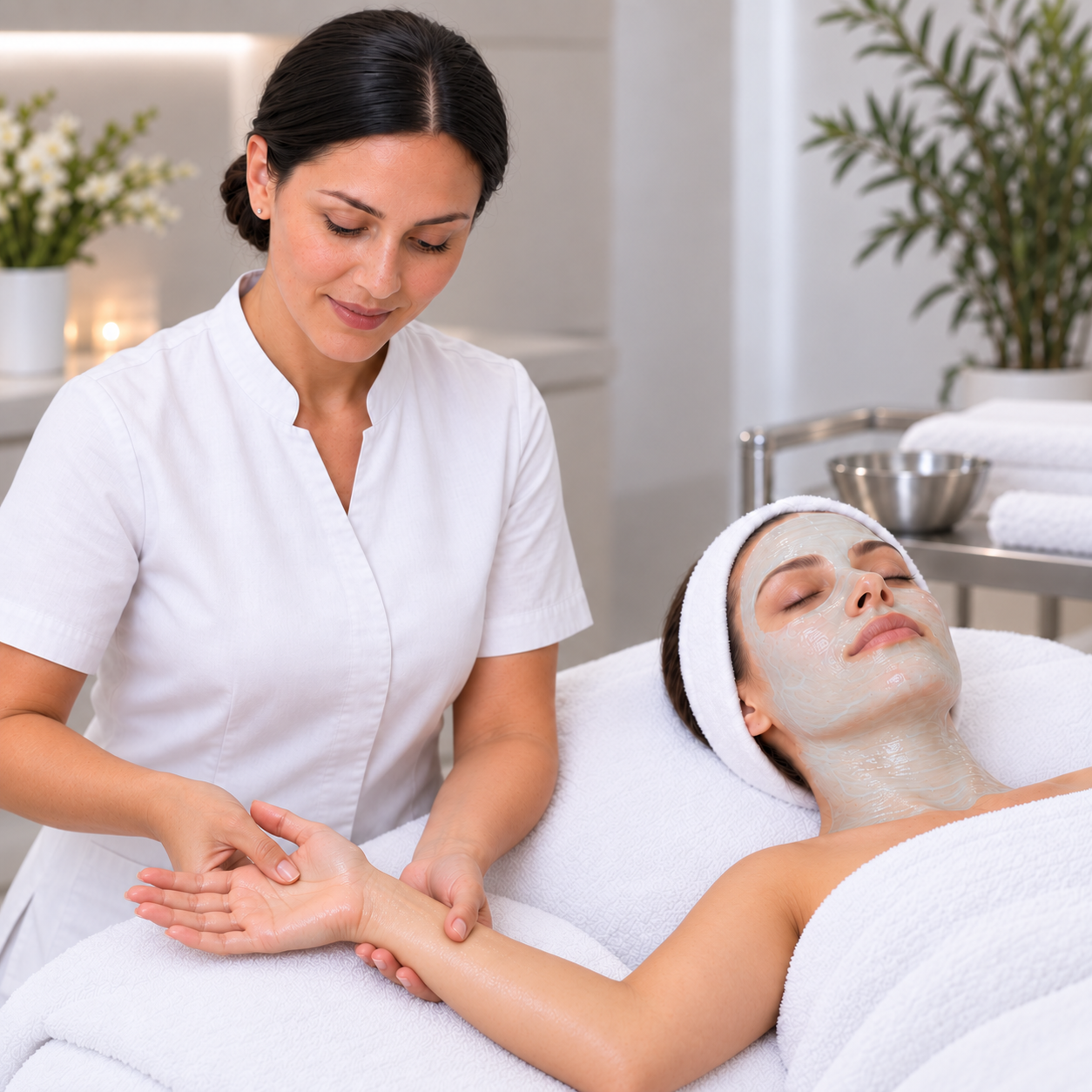 Professional therapist performing the Pure Pore Heating Mask two-brush technique during the PHYTOMER CITYLIFE treatment.