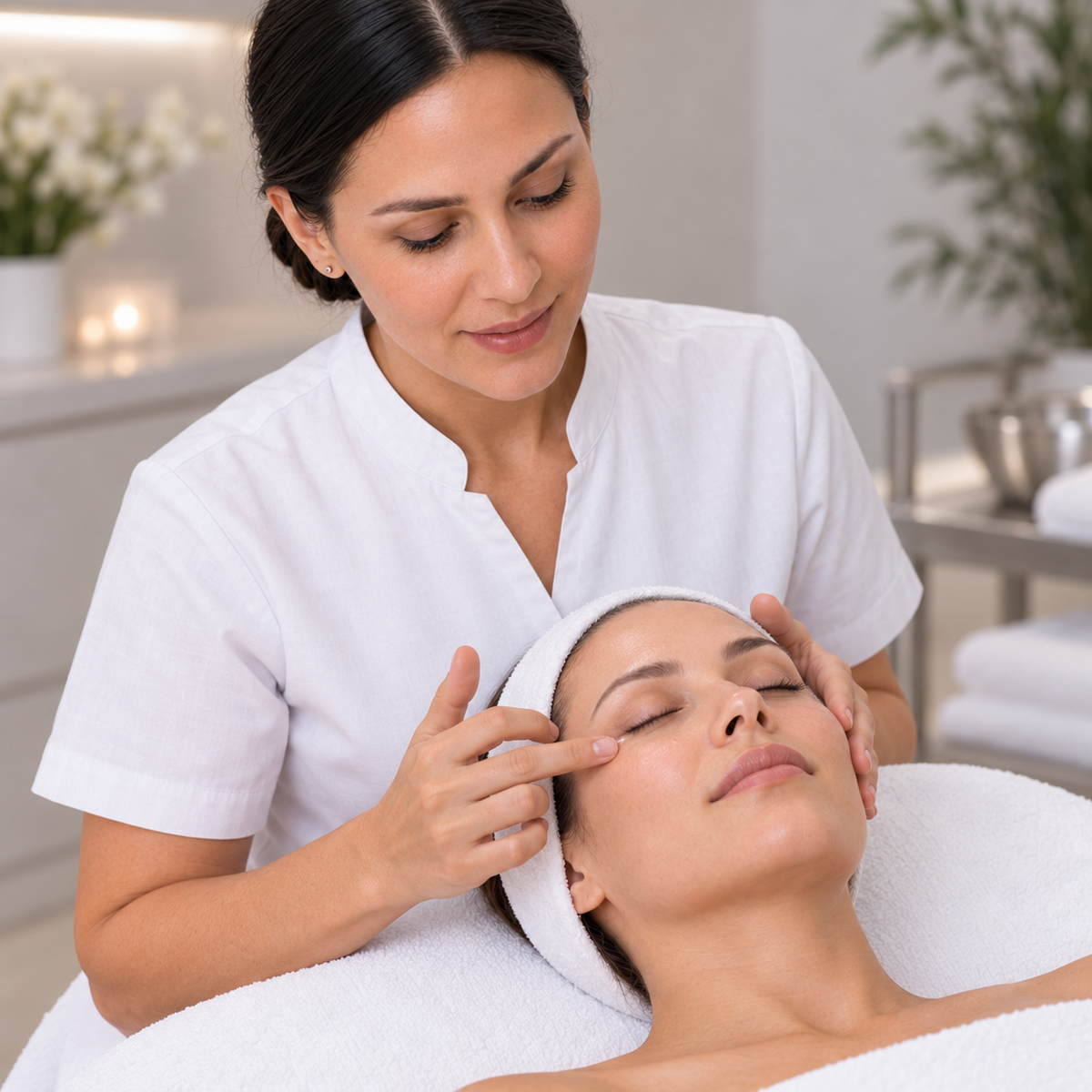 Professional therapist performing the hydrating facial massage stage of the PHYTOMER CITYLIFE treatment.