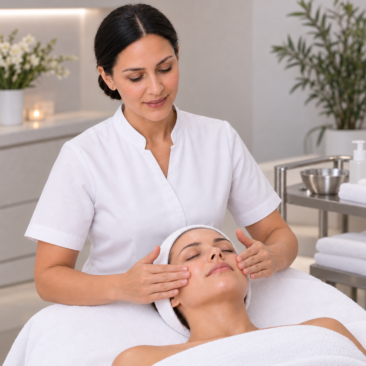 Professional therapist performing the hydrating facial massage stage of the PHYTOMER CITYLIFE treatment.