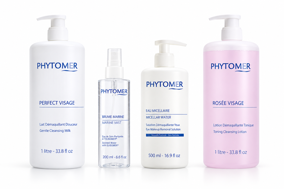 PHYTOMER Perfect Visage 1L, Marine Mist 200ml, Micellar Water 500ml and Rosée Visage 1L arranged on a white background.