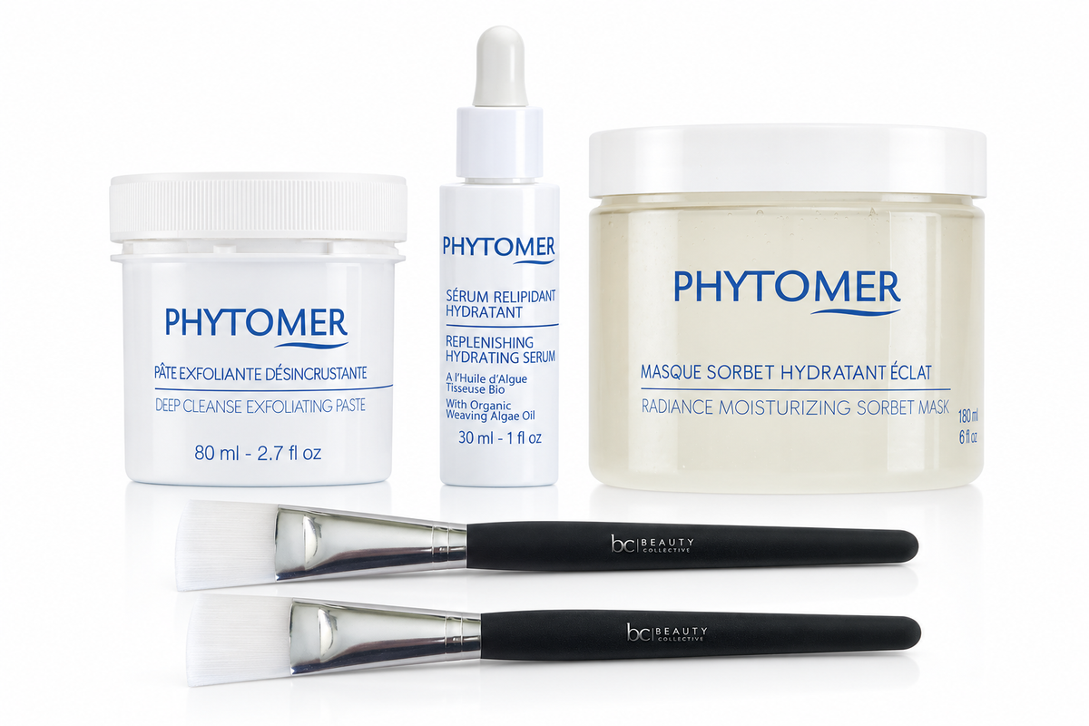 PHYTOMER Deep Cleanse Exfoliating Paste 80ml, Replenishing Hydrating Serum 30ml, Radiance Moisturising Sorbet Mask 180ml and two face mask brushes.