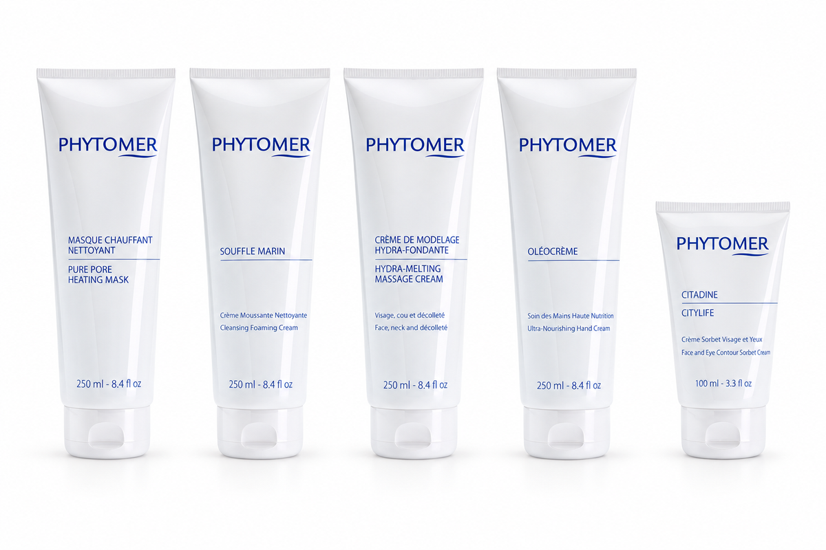 PHYTOMER Pure Pore Heating Mask, Souffle Marin, Hydra-Melting Massage Cream, Oléocrème Hand Cream and CITYLIFE Sorbet Cream in professional sizes.