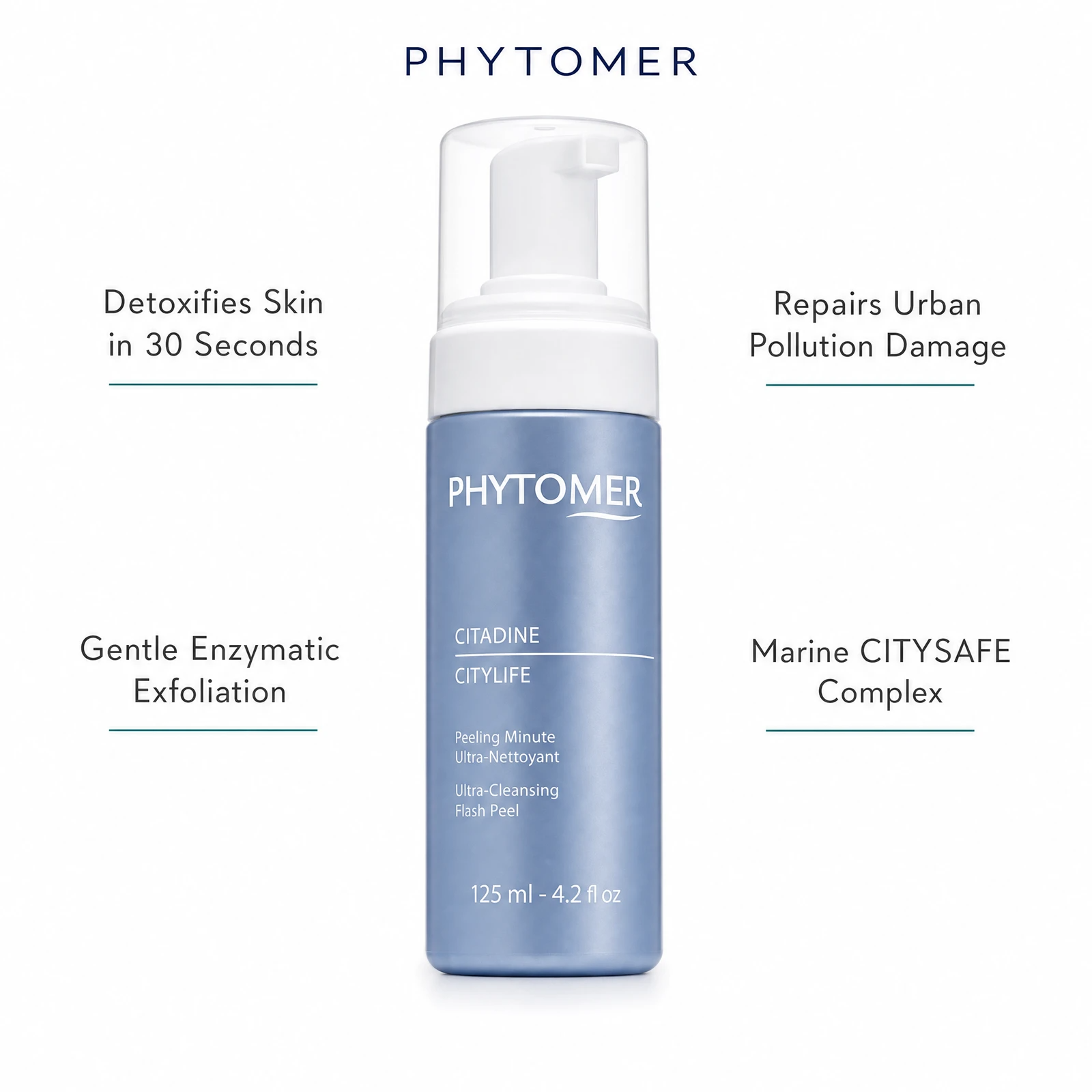 Phytomer Citylife Ultra-Cleansing Flash Peel 125ml with four benefit callouts: Detoxifies Skin in 30 Seconds, Gentle Enzymatic Exfoliation, Repairs Urban Pollution Damage, Marine CITYSAFE Complex