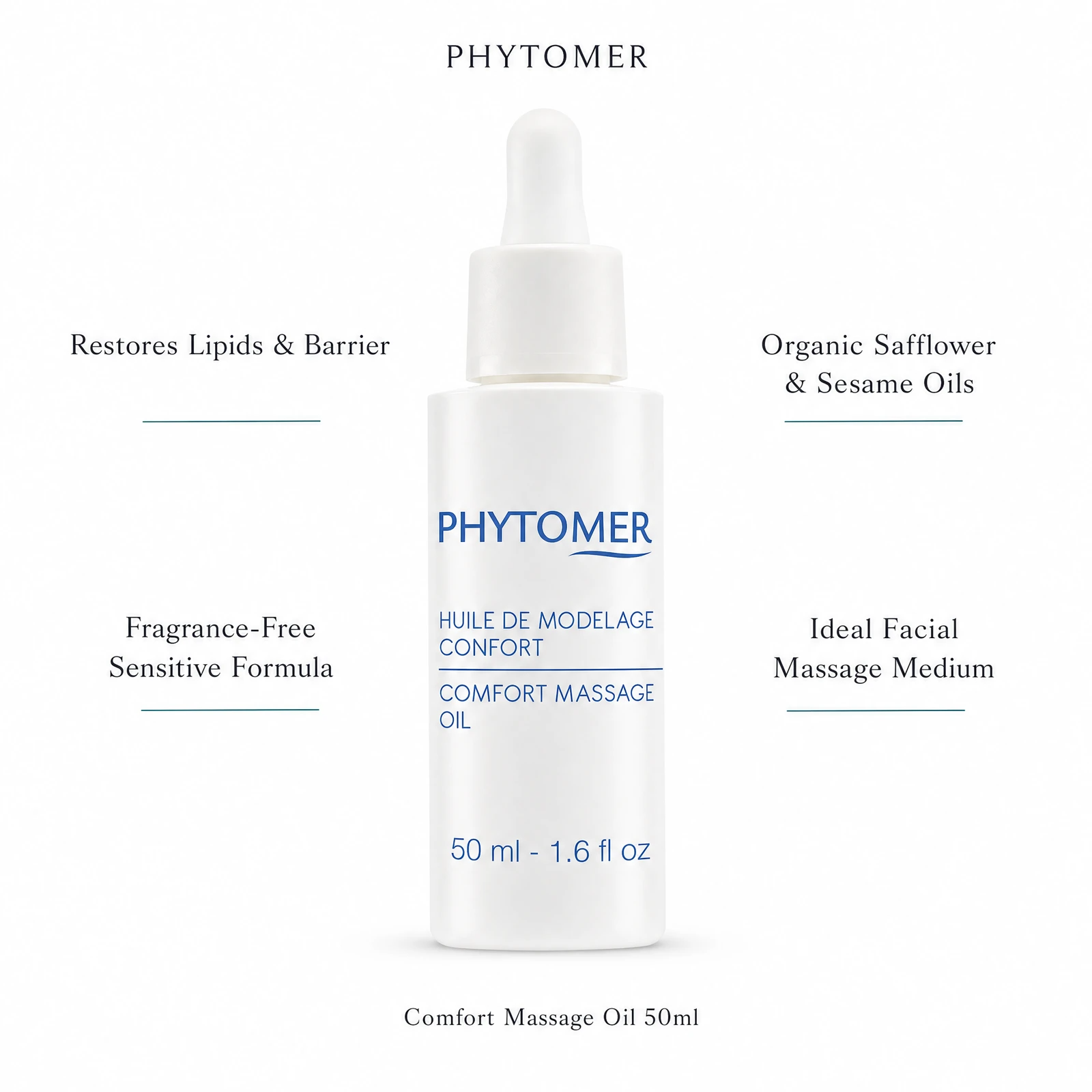 Phytomer Comfort Massage Oil 50ml with four professional benefit callouts: Restores Lipids and Barrier, Fragrance-Free Sensitive Formula, Organic Safflower and Sesame Oils, Ideal Facial Massage Medium
