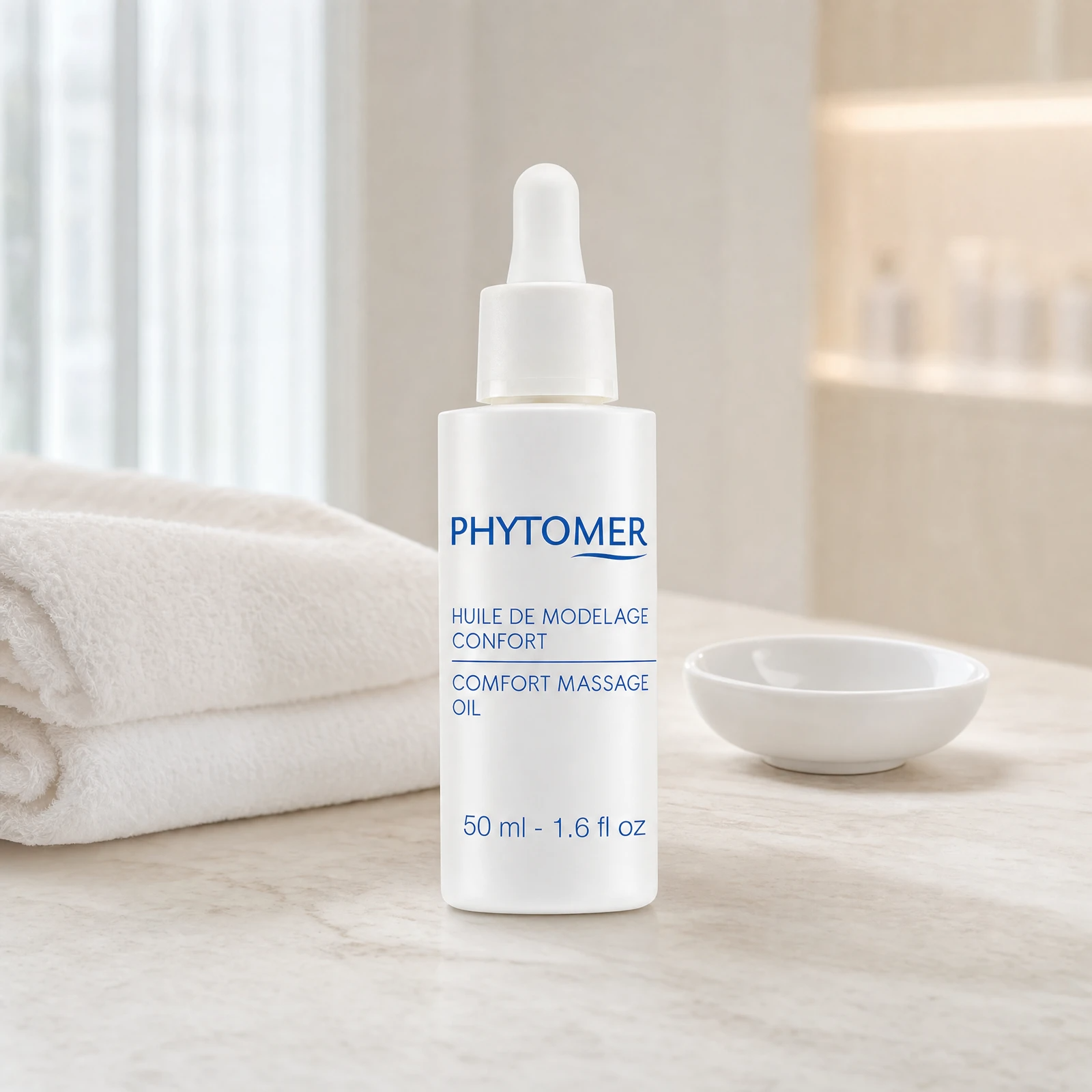 Phytomer Comfort Massage Oil 50ml professional dropper bottle on a premium beauty clinic marble counter with white spa towels and ceramic dish