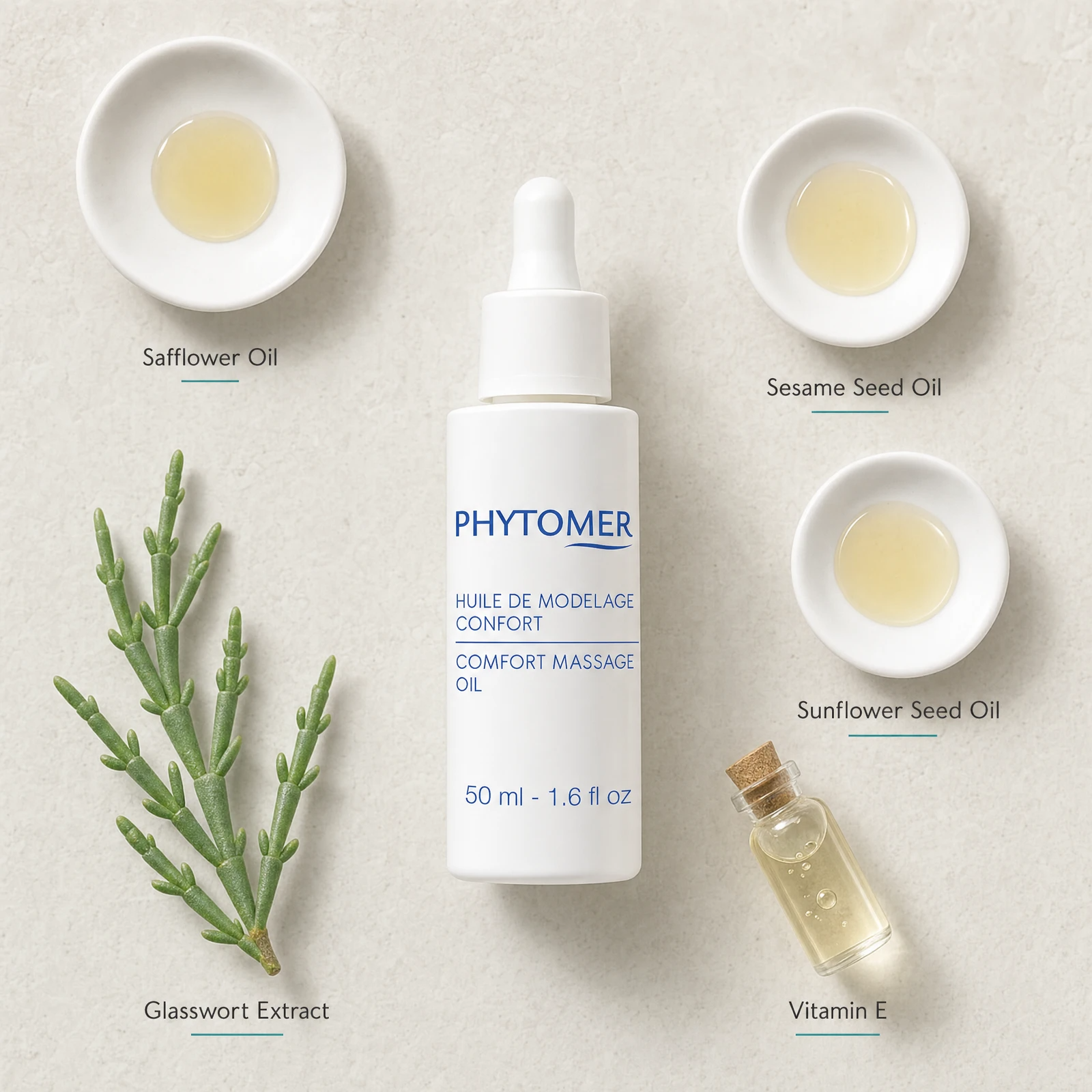 Phytomer Comfort Massage Oil 50ml flatlay with key ingredients including Safflower Oil, Sesame Seed Oil, Sunflower Seed Oil, Glasswort Extract and Vitamin E