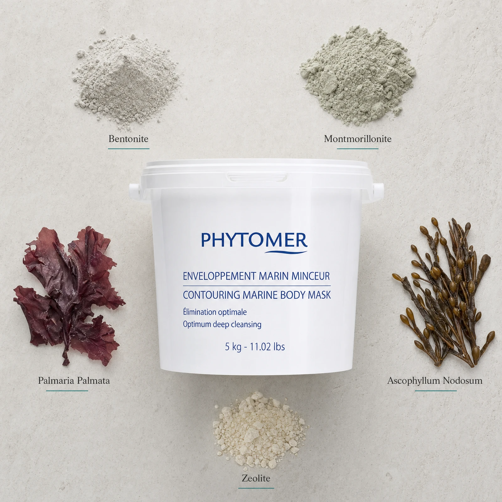 Phytomer Contouring Marine Body Mask 5kg flatlay with key ingredients including Bentonite, Montmorillonite, Palmaria Palmata red algae, Ascophyllum Nodosum brown algae and Zeolite