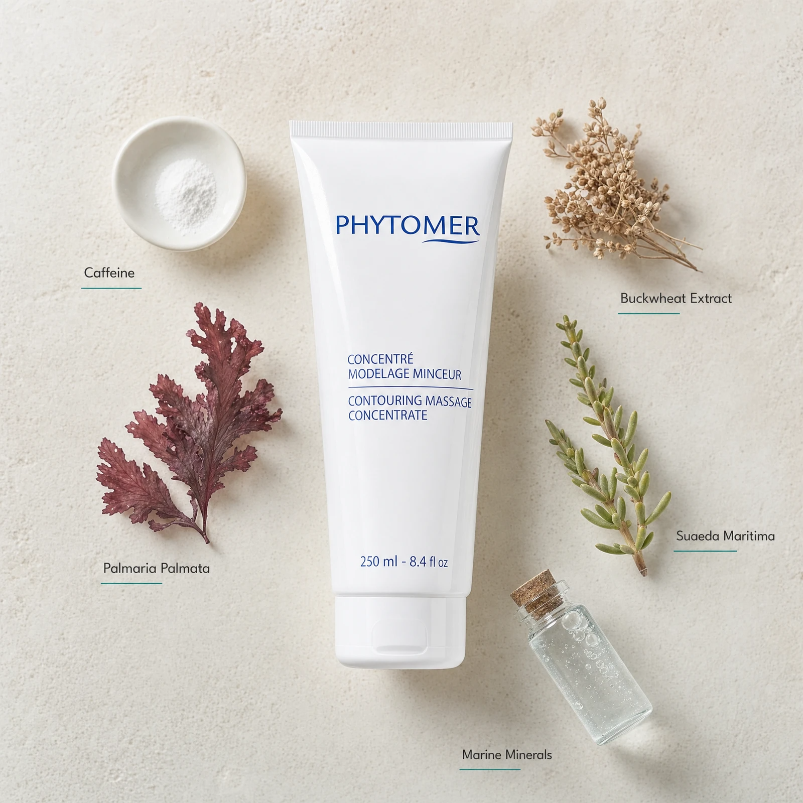 Phytomer Contouring Massage Concentrate 250ml flatlay with key ingredients including Caffeine, Palmaria Palmata red algae, Buckwheat Extract, Suaeda Maritima and Marine Minerals