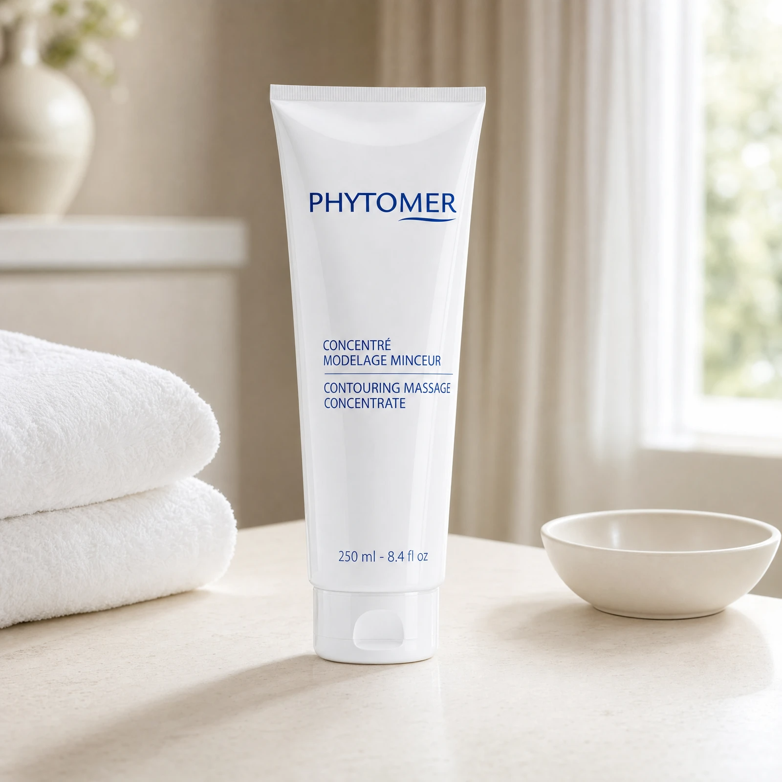 Phytomer Contouring Massage Concentrate 250ml professional tube on a premium spa body contouring treatment counter with white towels and ceramic dish