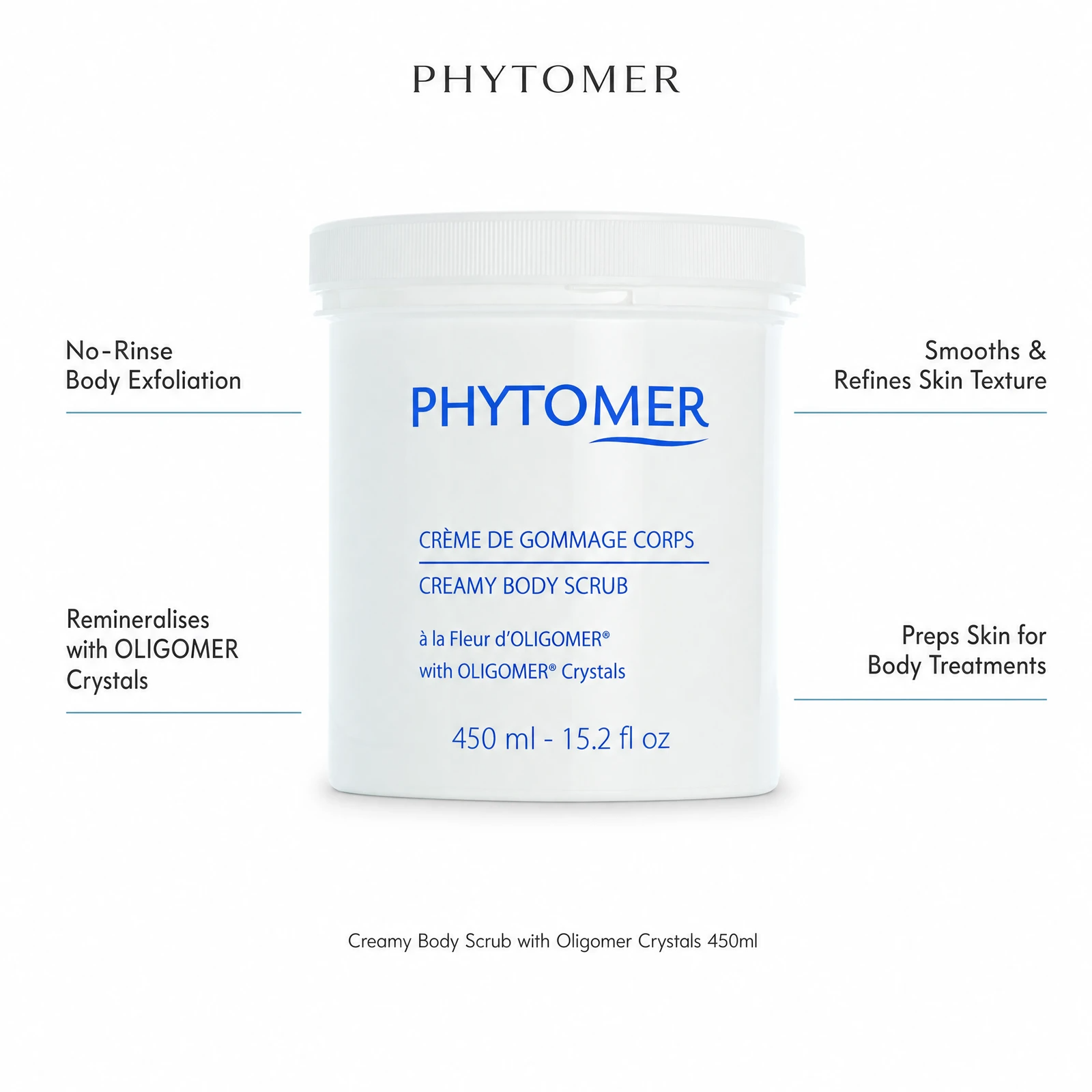 Phytomer Creamy Body Scrub with Oligomer Crystals 450ml with four professional benefit callouts: No-Rinse Body Exfoliation, Remineralises with OLIGOMER Crystals, Smooths and Refines Skin Texture, Preps Skin for Body Treatments