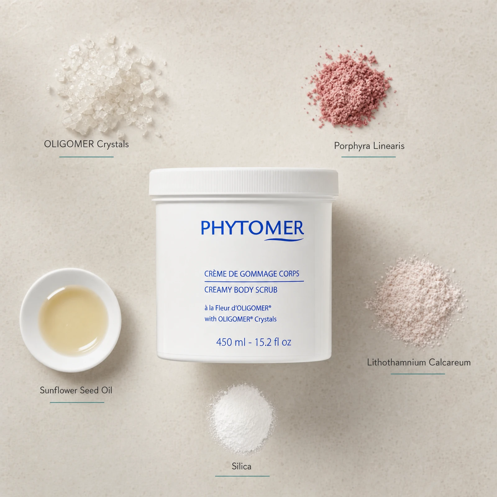 Phytomer Creamy Body Scrub with Oligomer Crystals 450ml flatlay with key ingredients including OLIGOMER Crystals sea salt, Porphyra Linearis red algae, Lithothamnium Calcareum, Sunflower Seed Oil and Silica