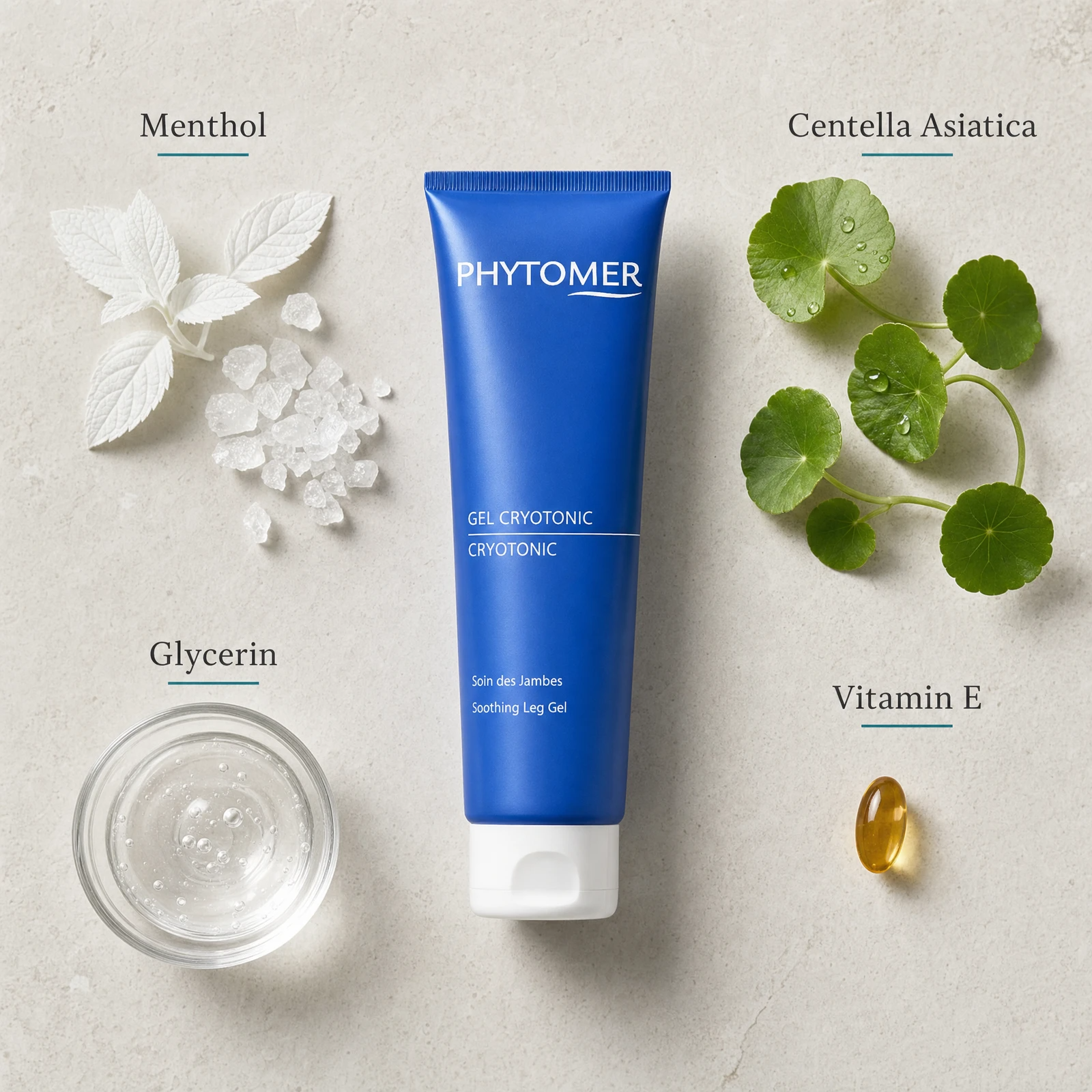 Phytomer Cryotonic Soothing Leg Gel 150ml flatlay on limestone surface with Menthol, Centella Asiatica, Glycerin, and Vitamin E