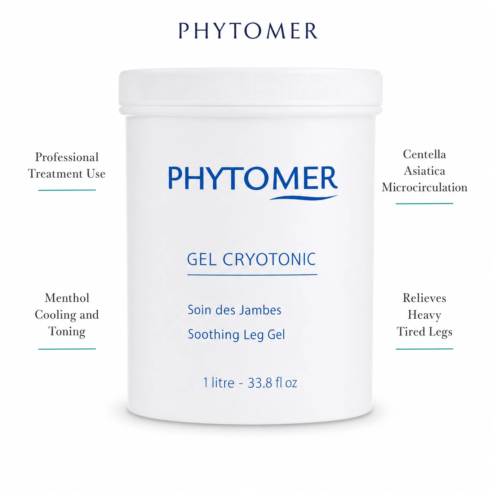 Phytomer Cryotonic Soothing Leg Gel 1 Litre with four benefit callouts: Professional Treatment Use, Menthol Cooling and Toning, Centella Asiatica Microcirculation, Relieves Heavy Tired Legs