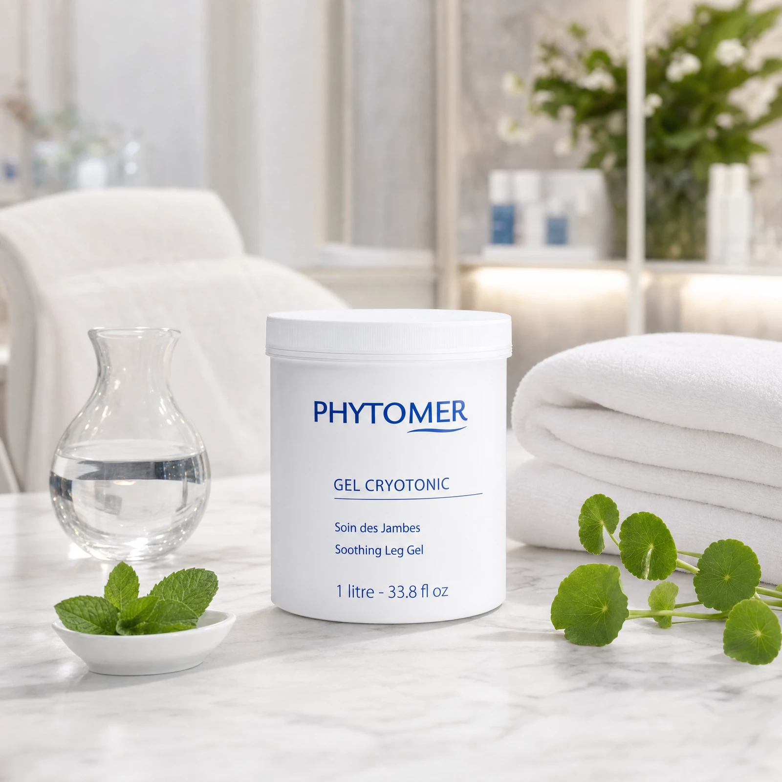 Phytomer Cryotonic Soothing Leg Gel 1 Litre professional jar on a marble spa treatment counter with fresh mint in ceramic dish, Centella Asiatica sprig, glass vase and white spa towels, professional clinic setting
