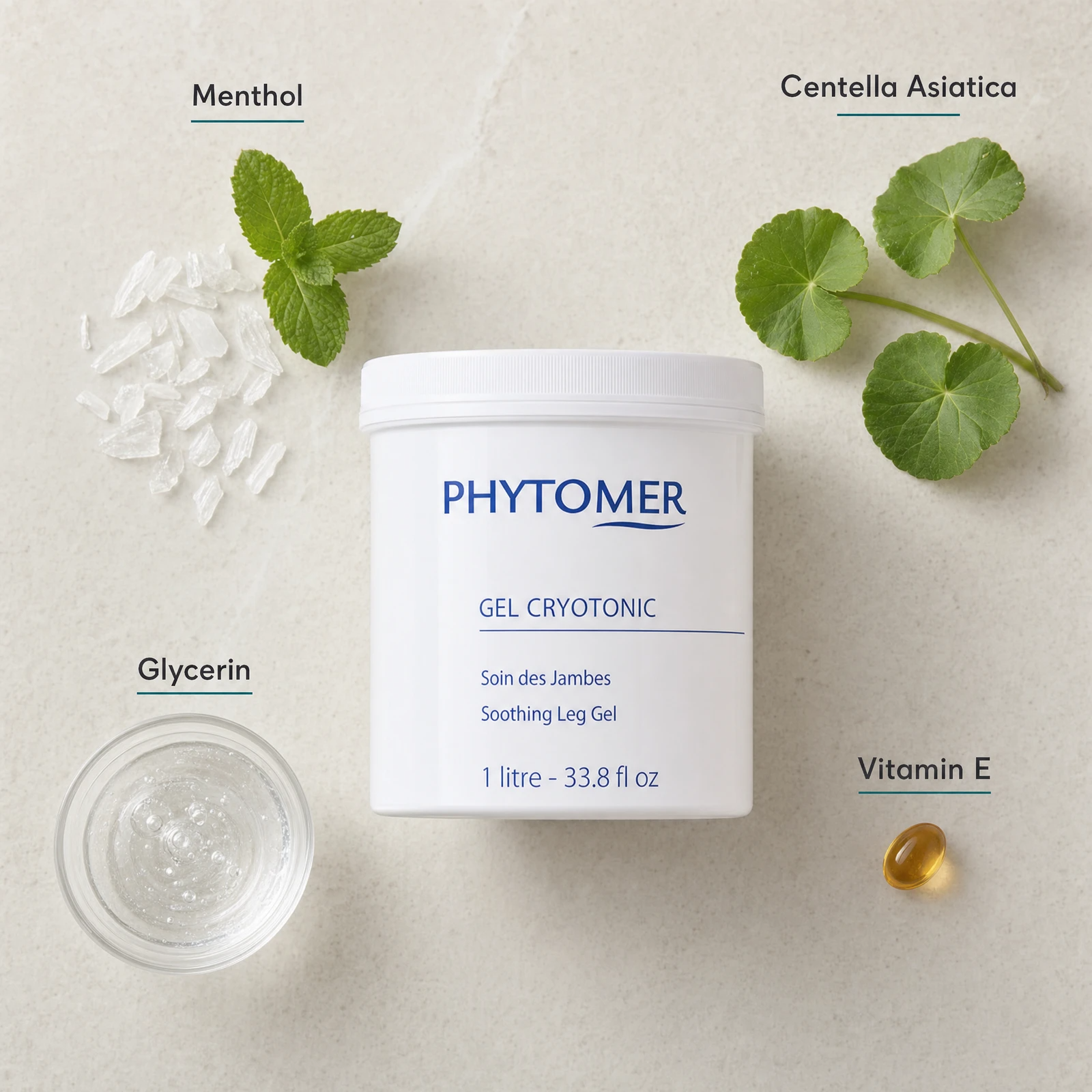 Phytomer Cryotonic Soothing Leg Gel 1 Litre flatlay on limestone surface with Menthol, Centella Asiatica, Glycerin, and Vitamin E