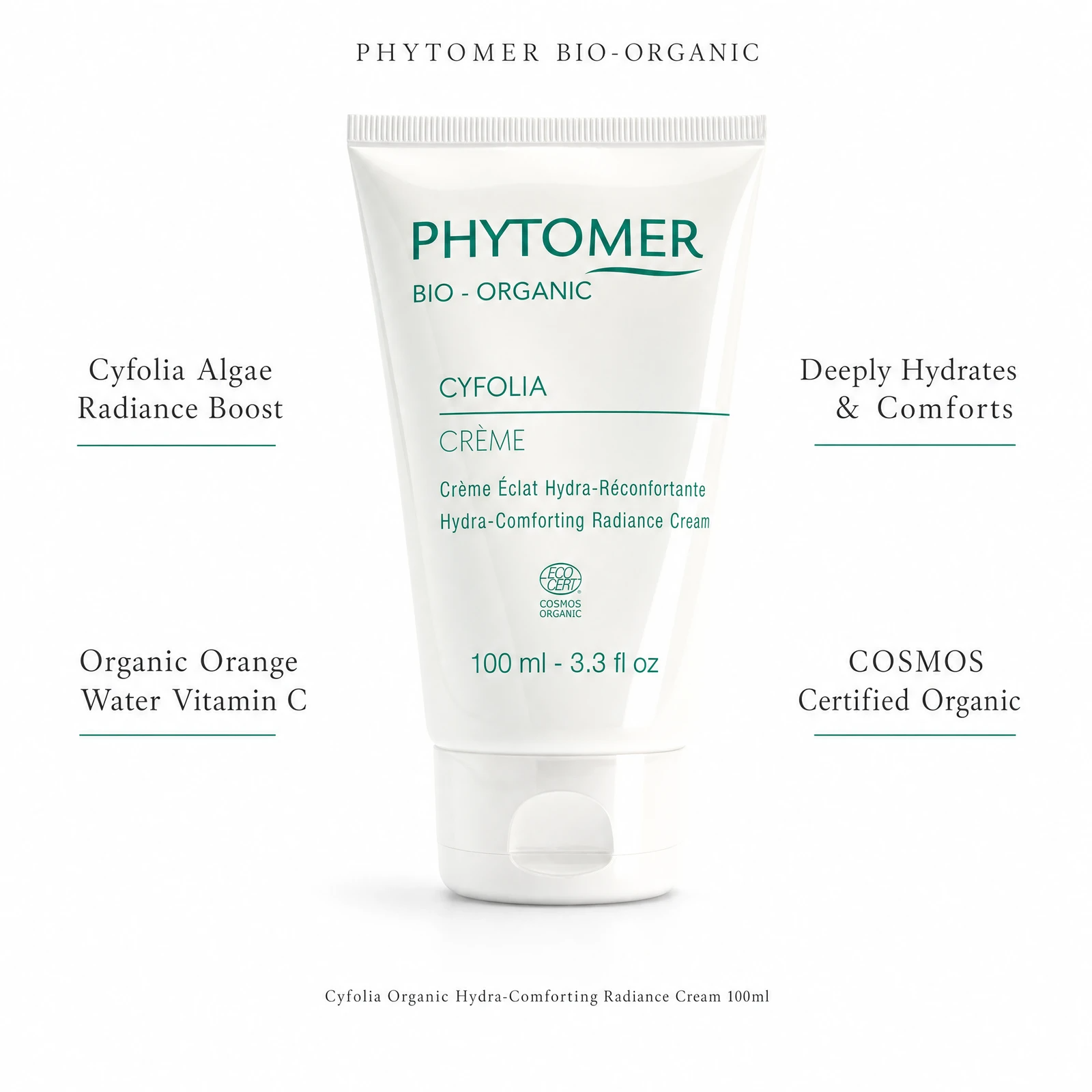 Phytomer Cyfolia Organic Hydra-Comforting Radiance Cream 100ml with four professional benefit callouts: Cyfolia Algae Radiance Boost, Organic Orange Water Vitamin C, Deeply Hydrates and Comforts, COSMOS Certified Organic