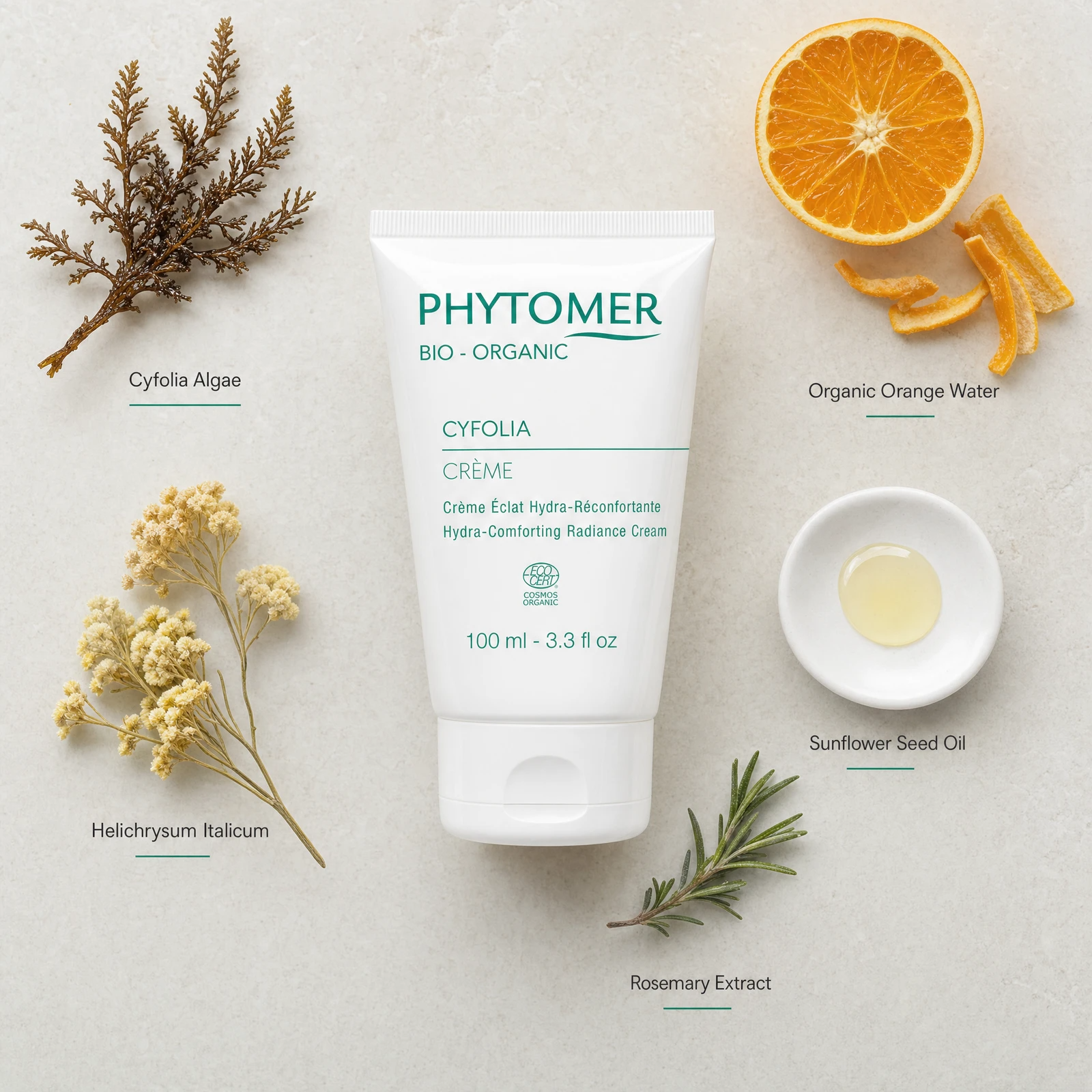 Phytomer Cyfolia Organic Hydra-Comforting Radiance Cream 100ml flatlay with key organic ingredients including Cyfolia Algae, Organic Orange Water, Helichrysum Italicum, Sunflower Seed Oil and Rosemary Extract