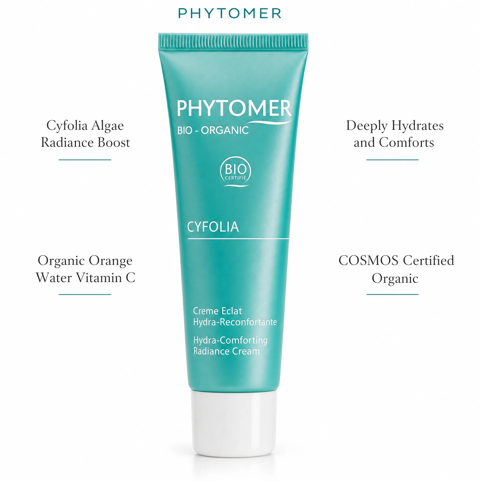 Phytomer Cyfolia Organic Hydra-Comforting Radiance Cream 50ml with four benefit callouts: Cyfolia Algae Radiance Boost, Organic Orange Water Vitamin C, Deeply Hydrates and Comforts, COSMOS Certified Organic