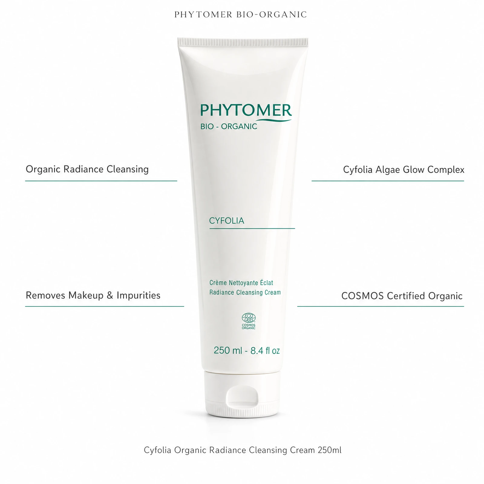 Phytomer Cyfolia Organic Radiance Cleansing Cream 250ml with four professional benefit callouts: Organic Radiance Cleansing, Removes Makeup and Impurities, Cyfolia Algae Glow Complex, COSMOS Certified Organic