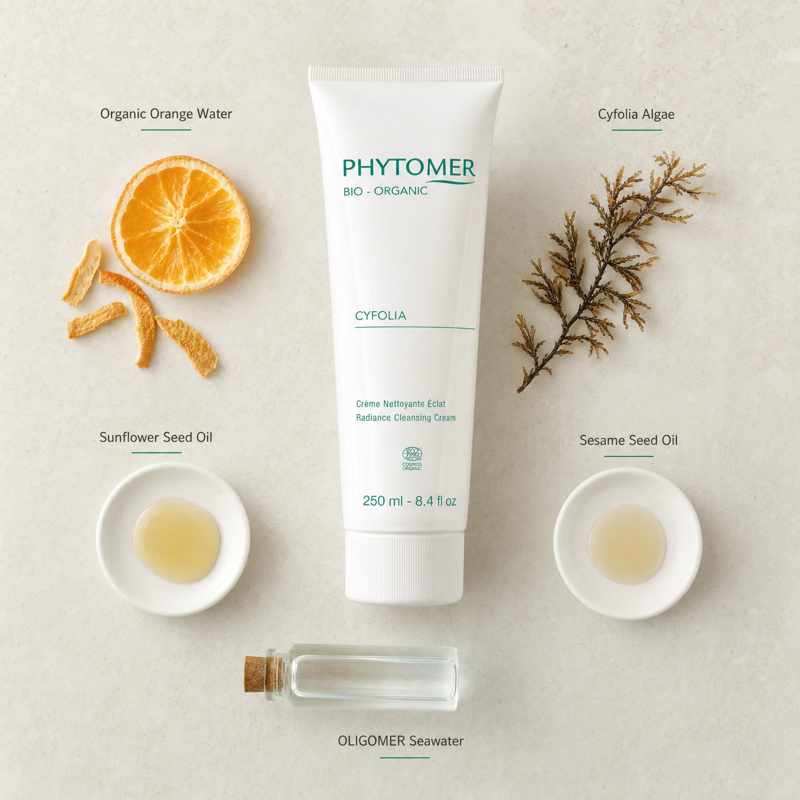 Phytomer Cyfolia Organic Radiance Cleansing Cream 250ml flatlay with key organic ingredients including Organic Orange Water, Cyfolia Algae, Sunflower Seed Oil, Sesame Seed Oil and OLIGOMER Seawater