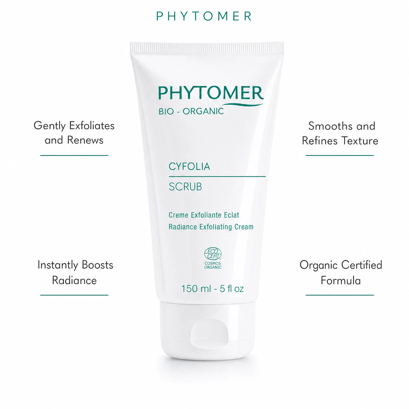Phytomer Cyfolia Organic Radiance Exfoliating Cream 150ml with four benefit callouts: Gently Exfoliates and Renews, Instantly Boosts Radiance, Smooths and Refines Texture, Organic Certified Formula