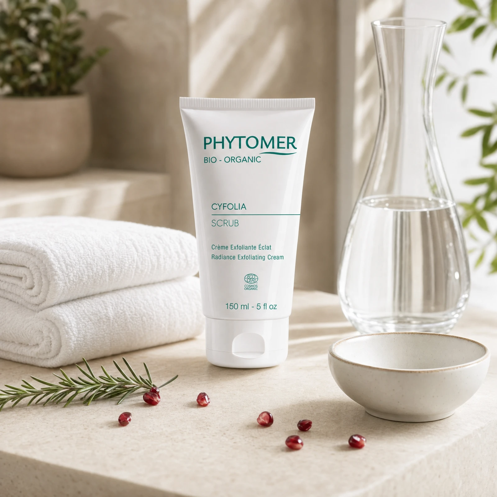 Phytomer Cyfolia Organic Radiance Exfoliating Cream 150ml on a stone spa counter with white towels, pomegranate seeds, rosemary and glass vessel, professional clinic setting
