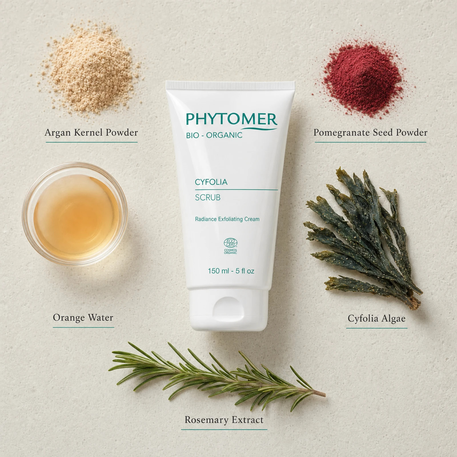 Phytomer Cyfolia Organic Radiance Exfoliating Cream 150ml flatlay on limestone surface with Argan Kernel Powder, Pomegranate Seed Powder, Orange Water, Cyfolia Algae, and Rosemary Extract