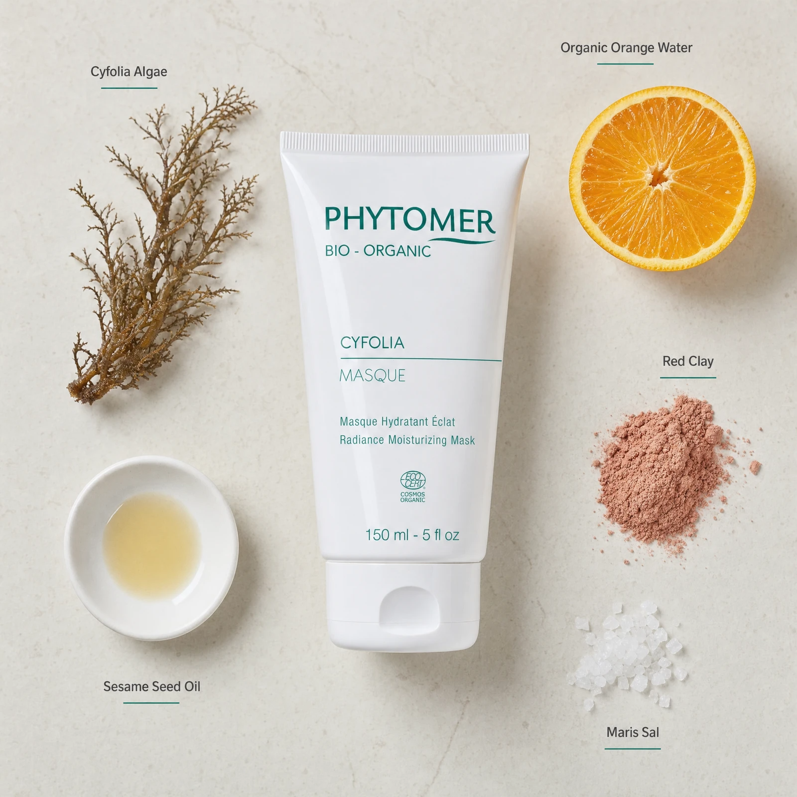 Phytomer Cyfolia Organic Radiance Moisturising Mask 150ml flatlay with key organic ingredients including Cyfolia Algae, Organic Orange Water, Red Clay, Sesame Seed Oil and Maris Sal