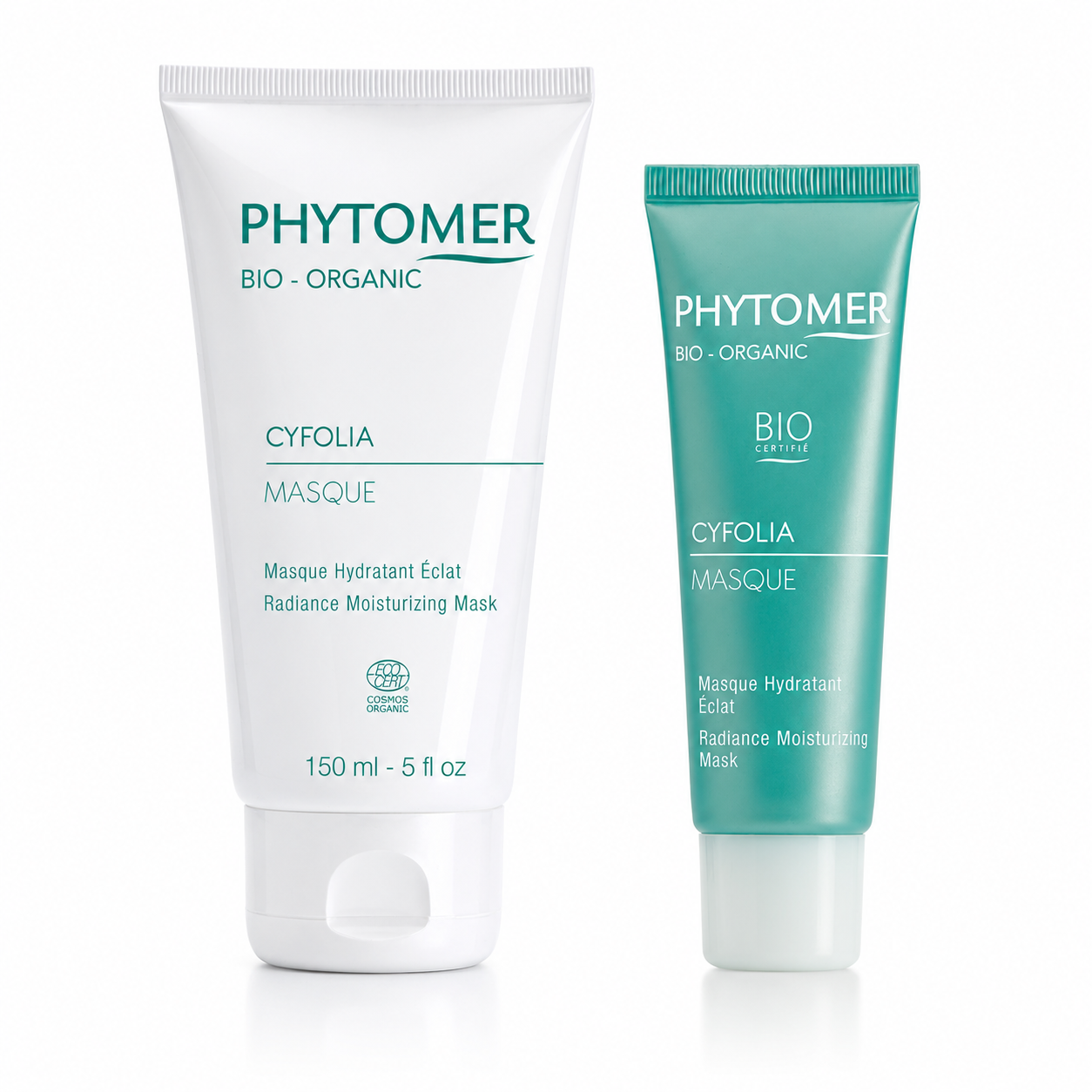 Phytomer CYFOLIA Organic Radiance Moisturising Mask duo featuring 150ml professional tube and 50ml retail tube on a clean white background.