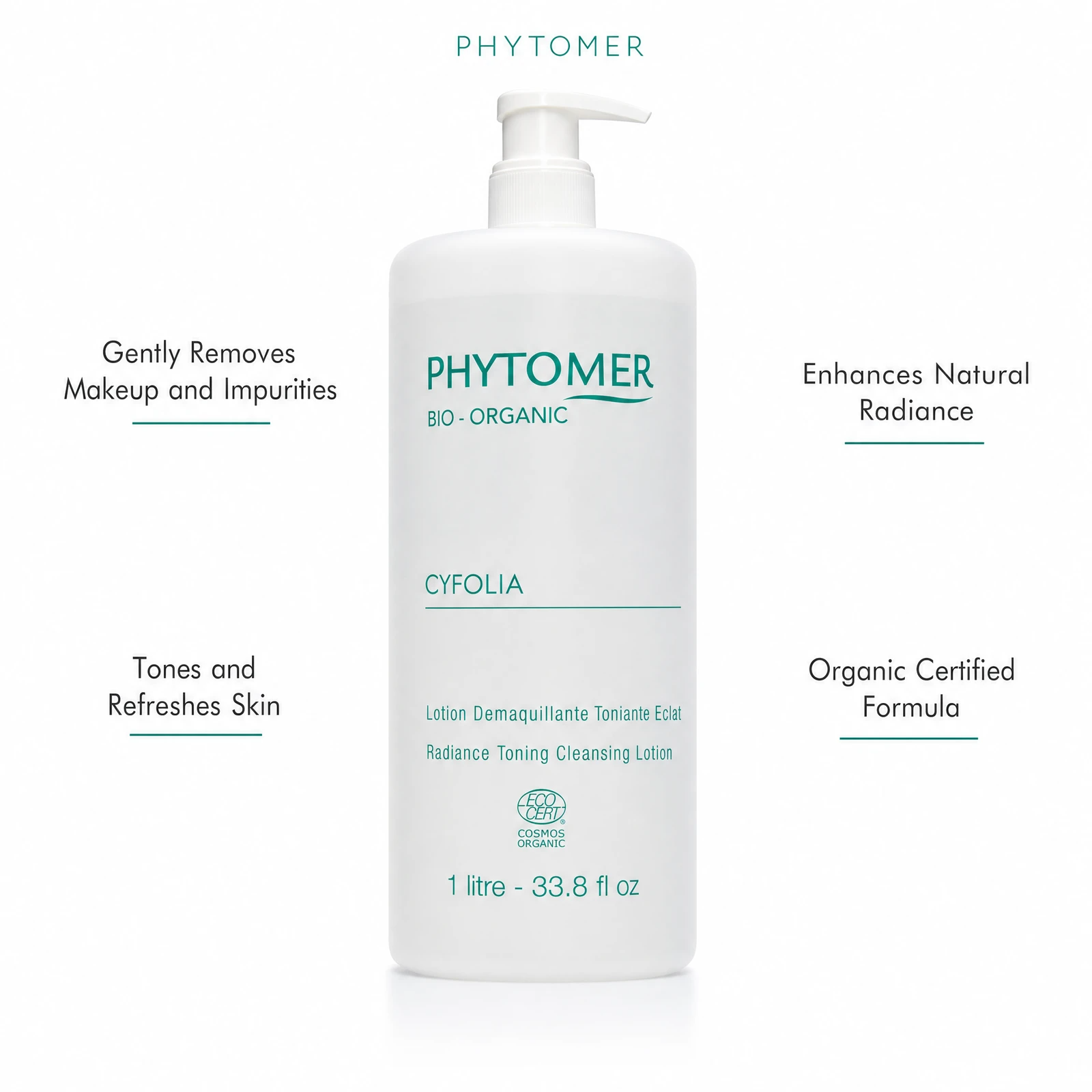 Phytomer Cyfolia Organic Radiance Toning Cleansing Lotion 1 Litre with four benefit callouts: Gently Removes Makeup and Impurities, Tones and Refreshes Skin, Enhances Natural Radiance, Organic Certified Formula