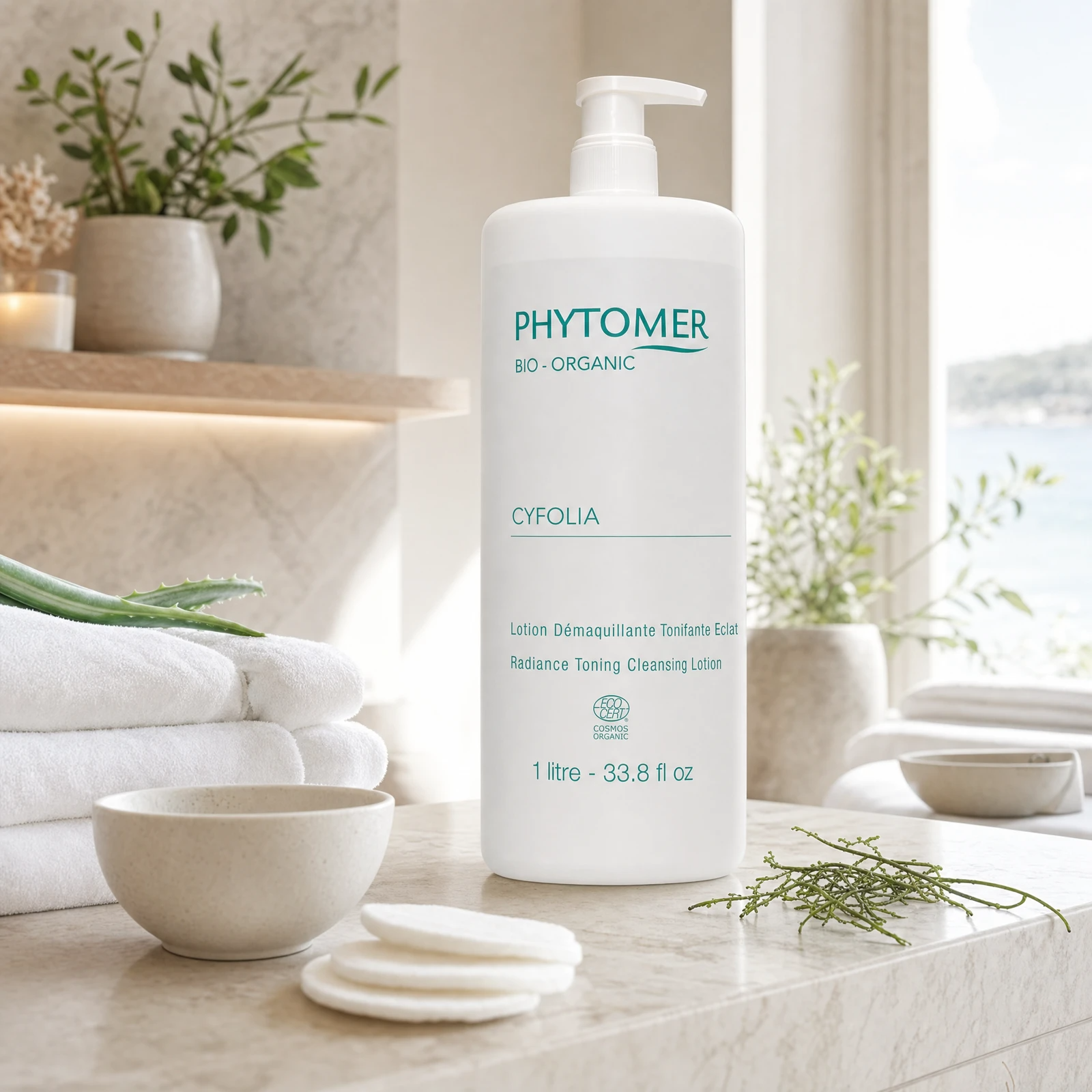 Phytomer Cyfolia Organic Radiance Toning Cleansing Lotion 1 Litre pump bottle on a marble spa counter with white towels, cotton pads and coastal botanicals, professional clinic setting