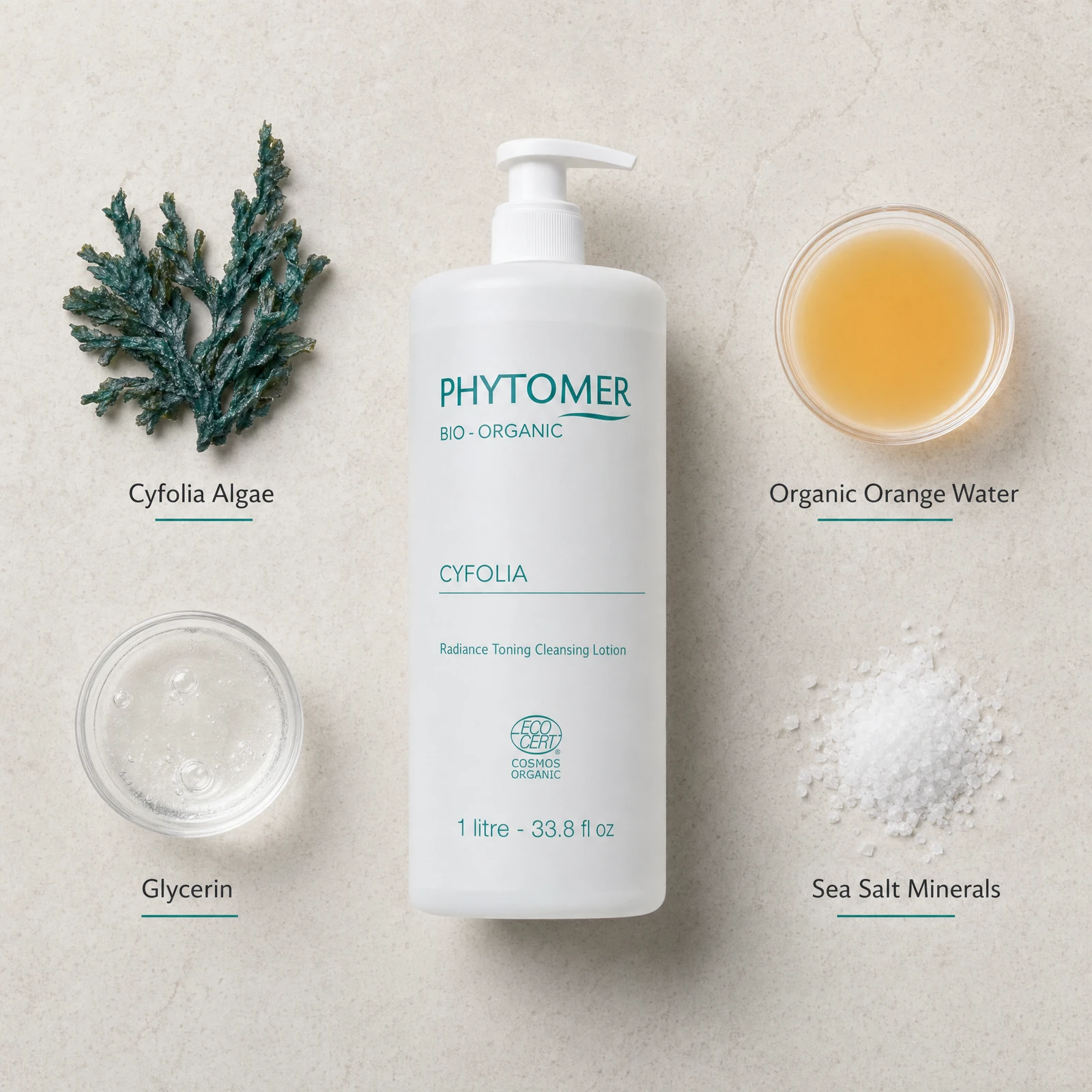 Phytomer Cyfolia Organic Radiance Toning Cleansing Lotion 1 Litre flatlay on limestone surface with Cyfolia Algae, Organic Orange Water, Glycerin, and Sea Salt Minerals