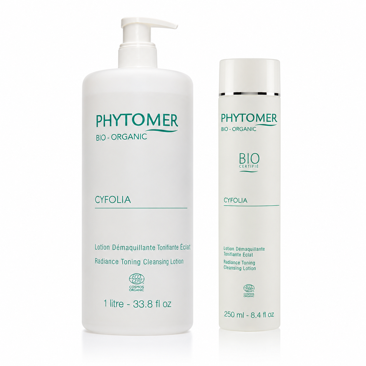 Phytomer Cyfolia Organic Radiance Toning Cleansing Lotion retail and professional size duo image.
