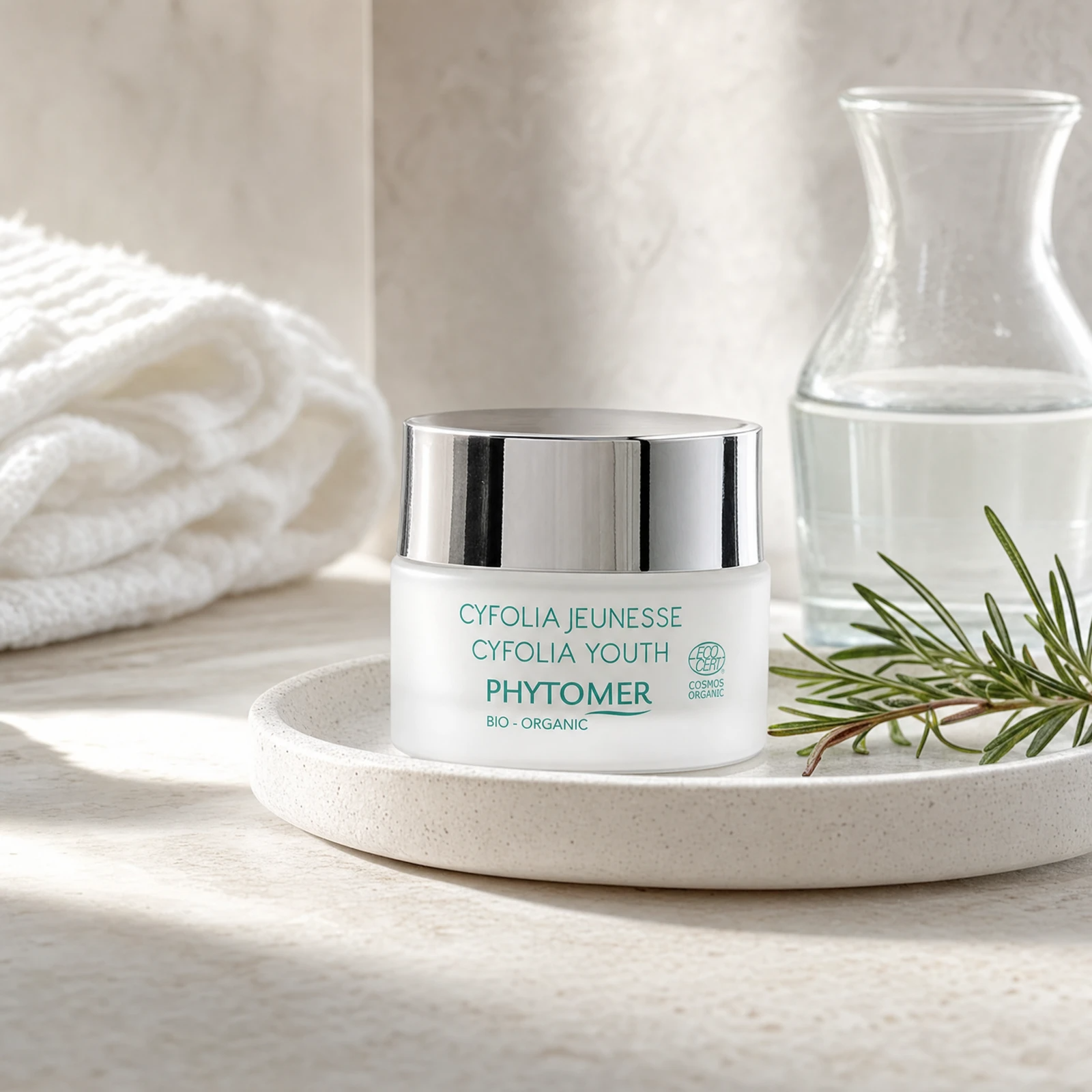 Phytomer Cyfolia Organic Youth Glow Renewing Wrinkle Cream 50ml on a stone bathroom vanity tray with rosemary, glass vessel and white towels, premium at-home organic skincare setting