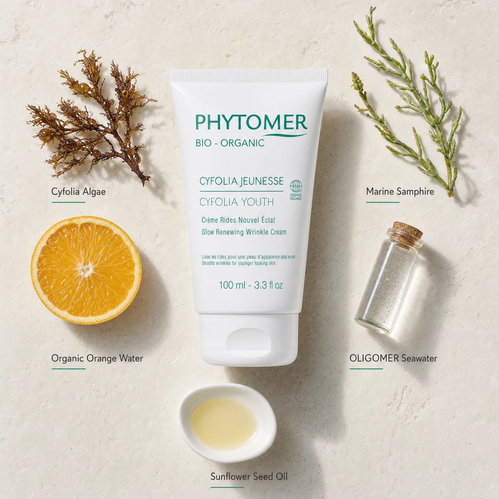 Phytomer Cyfolia Youth Glow Renewing Wrinkle Cream 100ml flatlay with key organic ingredients including Cyfolia Algae, Marine Samphire, Organic Orange Water, OLIGOMER Seawater and Sunflower Seed Oil