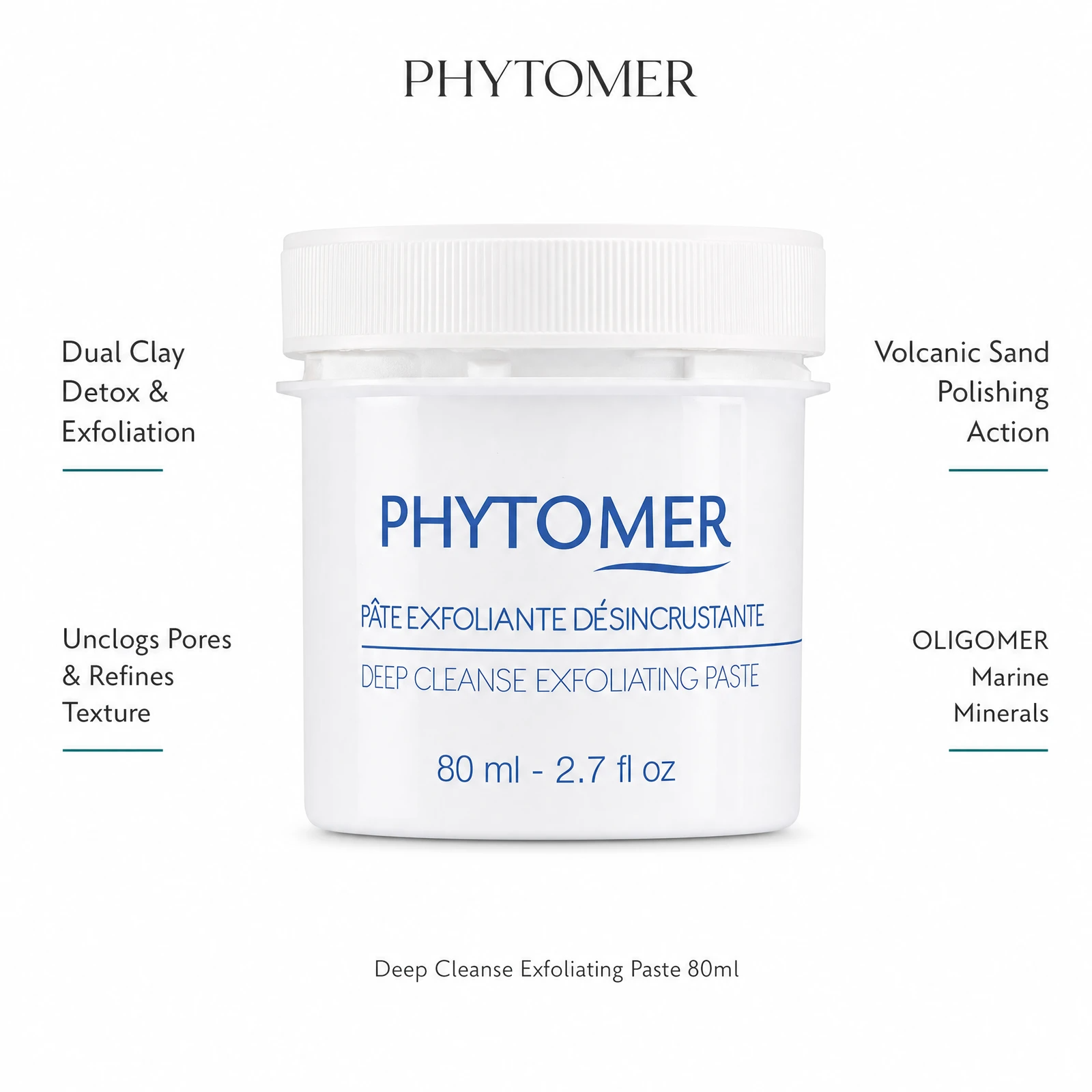 Phytomer Deep Cleanse Exfoliating Paste 80ml with four professional benefit callouts: Dual Clay Detox and Exfoliation, Unclogs Pores and Refines Texture, Volcanic Sand Polishing Action, OLIGOMER Marine Minerals