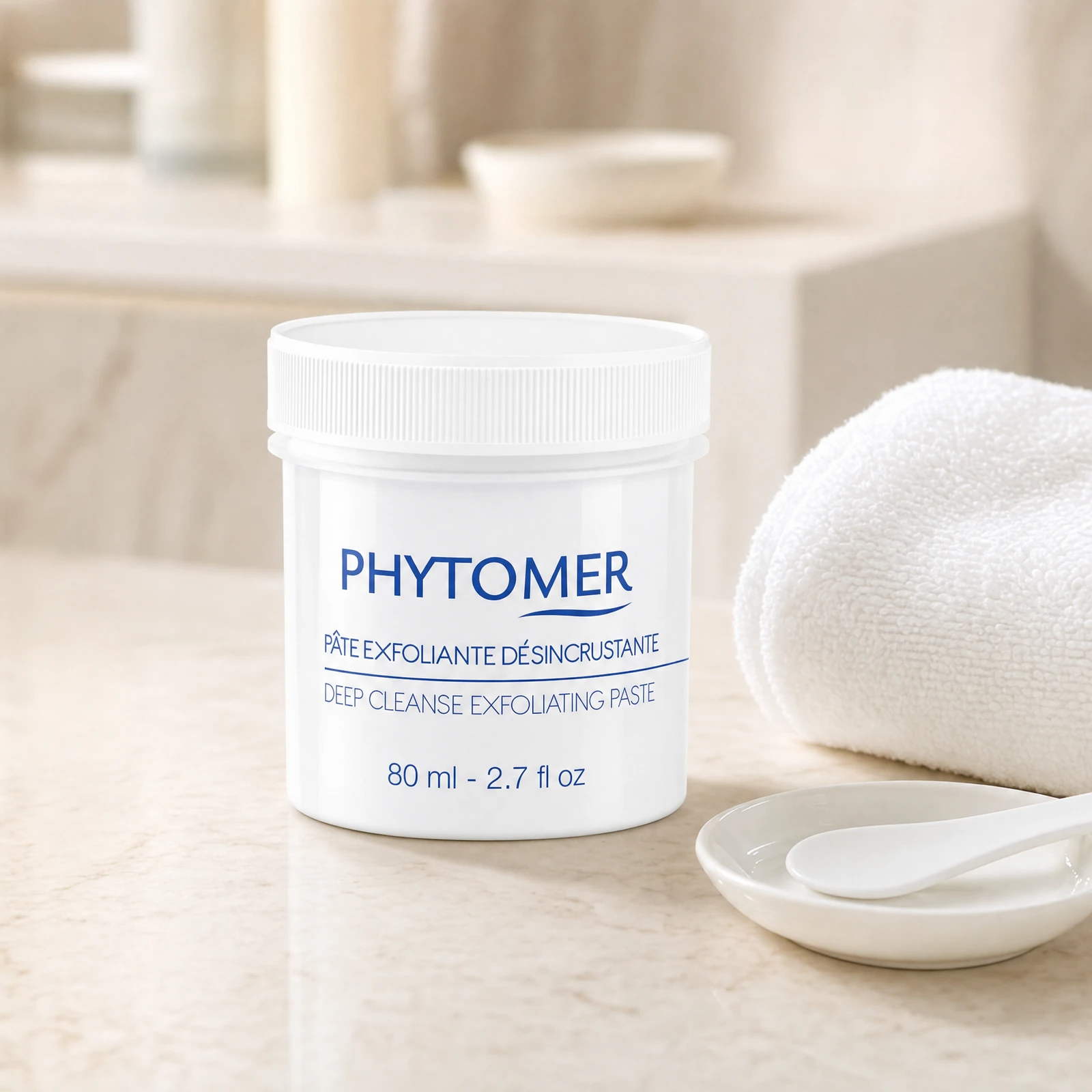 Phytomer Deep Cleanse Exfoliating Paste 80ml professional jar on a premium beauty clinic marble counter with white spa towels and ceramic spatula dish