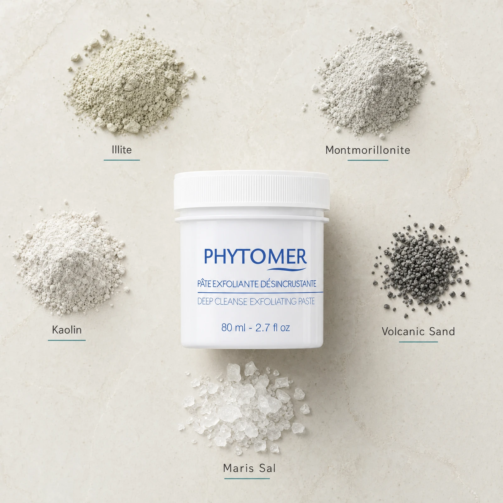 Phytomer Deep Cleanse Exfoliating Paste 80ml flatlay with key ingredients including Illite, Montmorillonite, Kaolin, Volcanic Sand and Maris Sal sea salt