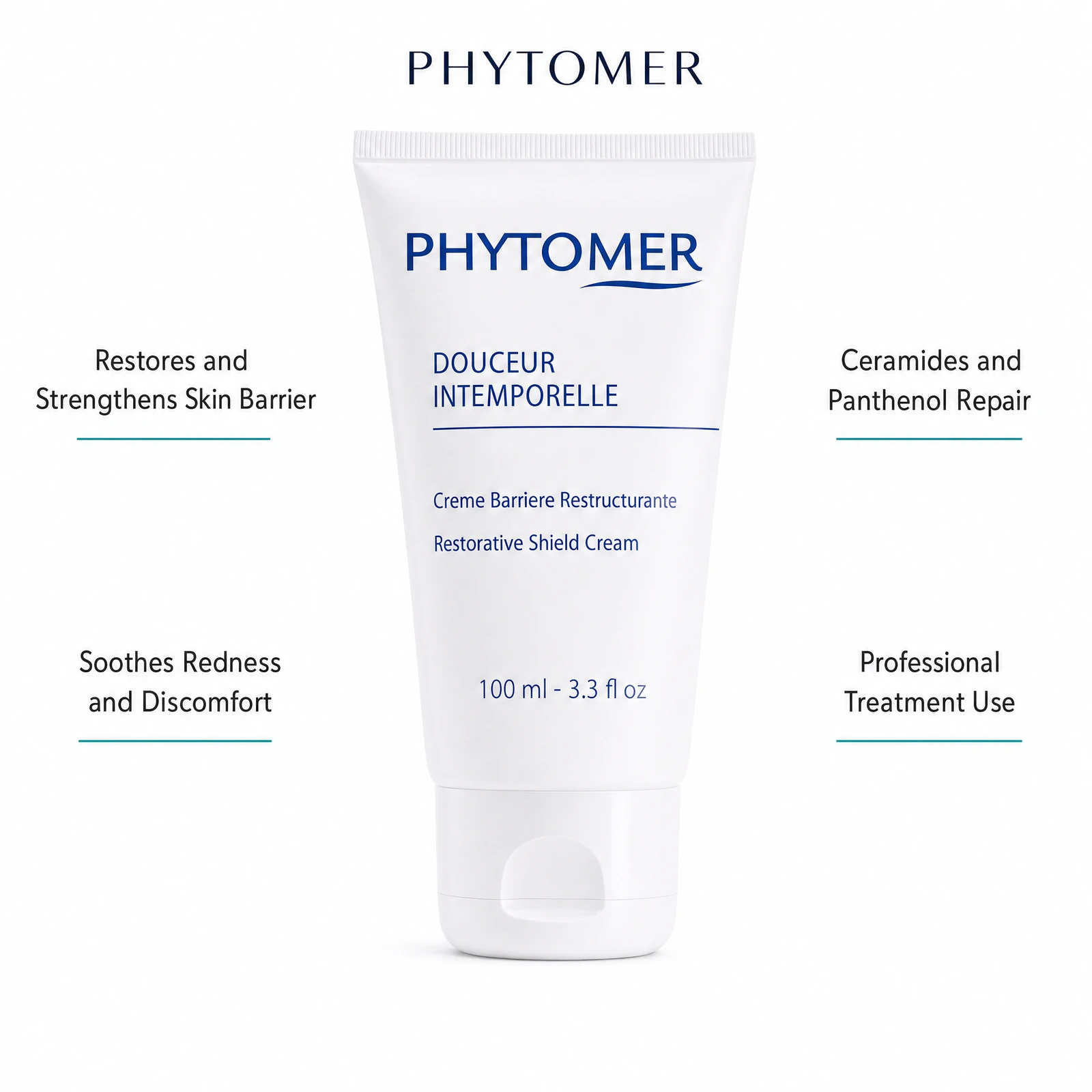 Phytomer Douceur Intemporelle Restorative Shield Cream 100ml with four benefit callouts: Restores and Strengthens Skin Barrier, Soothes Redness and Discomfort, Ceramides and Panthenol Repair, Professional Treatment Use