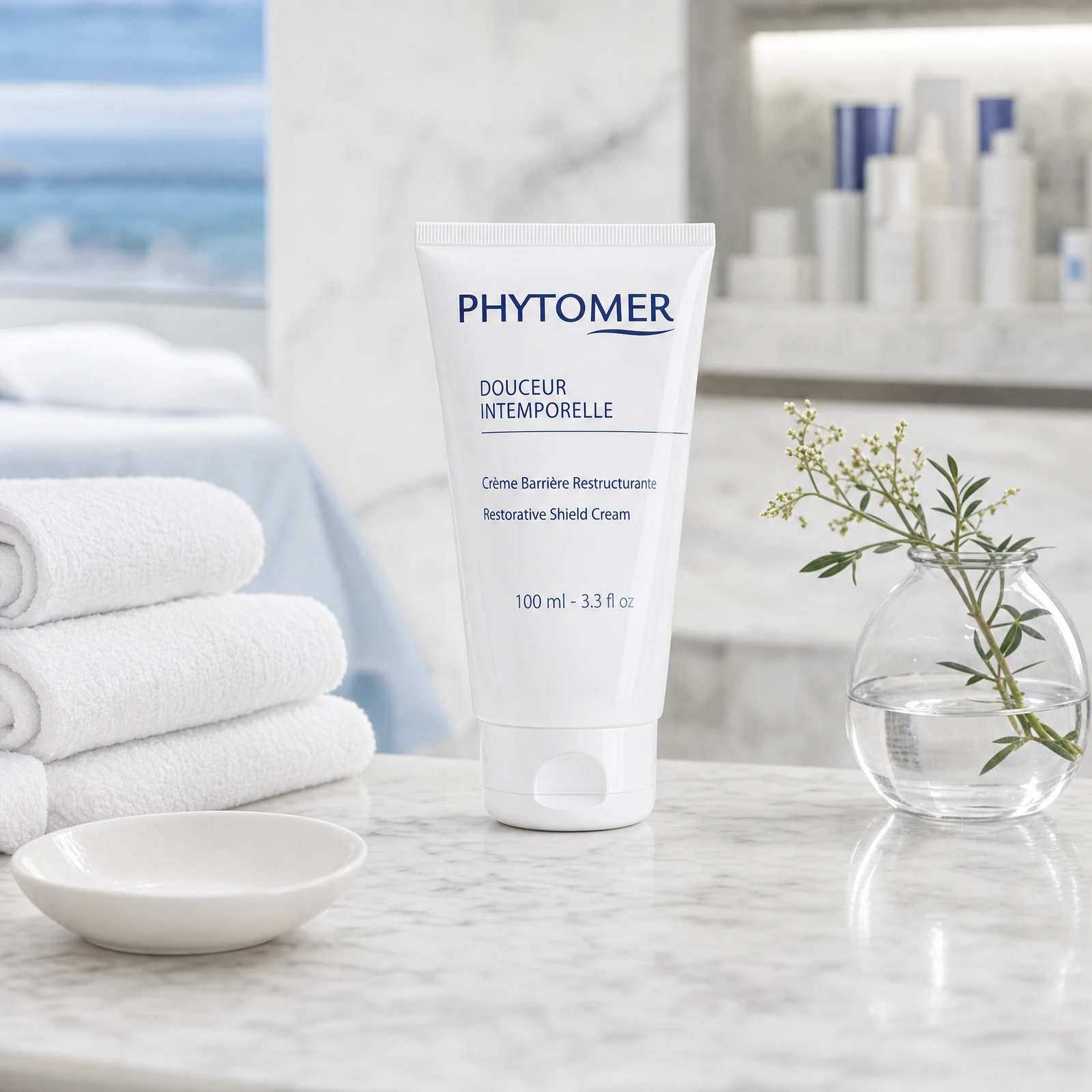 Phytomer Douceur Intemporelle Restorative Shield Cream 100ml on a marble spa treatment counter with botanical in glass vase, white spa towels, ceramic dish and sea view, professional clinic setting