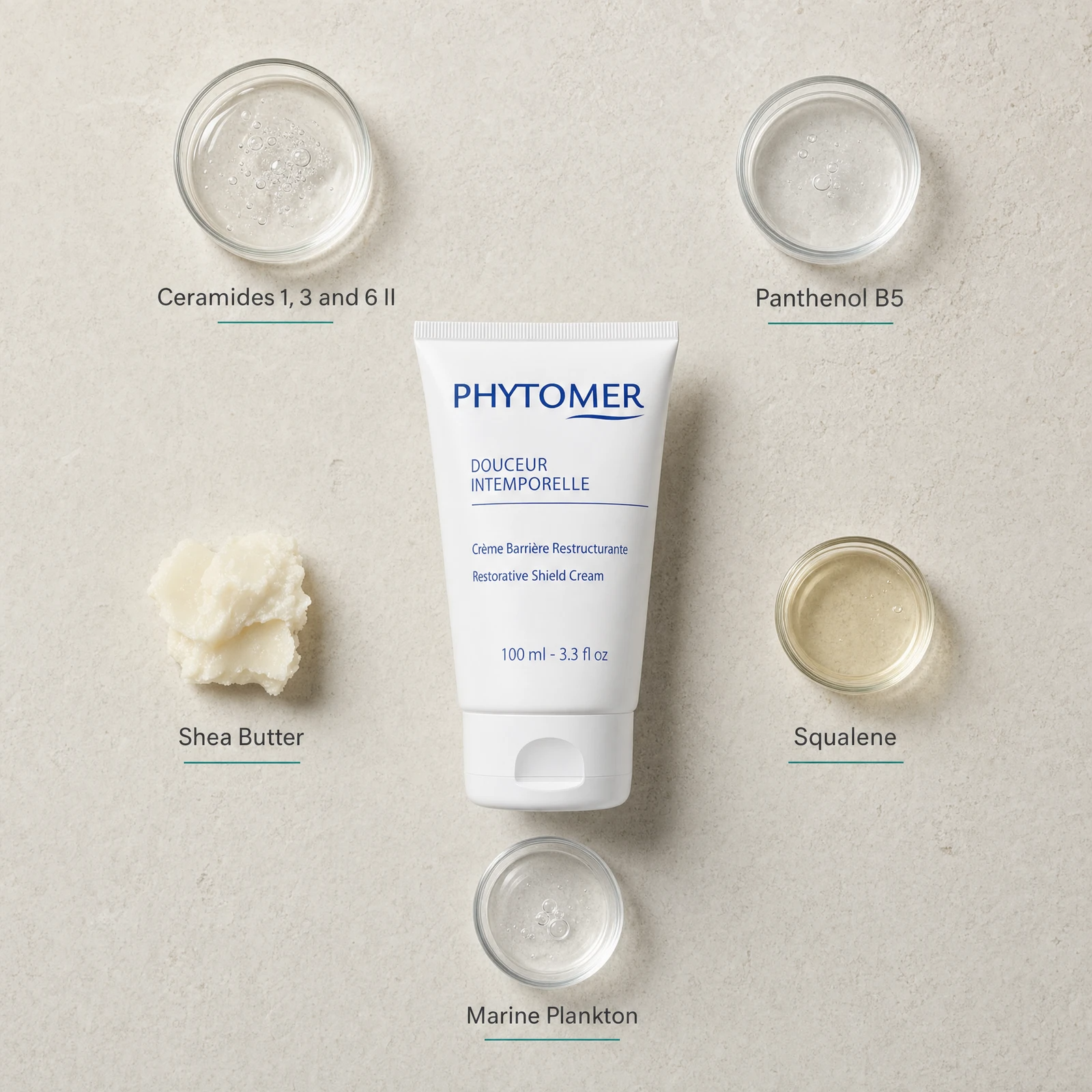Phytomer Douceur Intemporelle Restorative Shield Cream 100ml flatlay on limestone surface with Ceramides 1, 3 and 6 II, Panthenol B5, Shea Butter, Squalene, and Marine Plankton