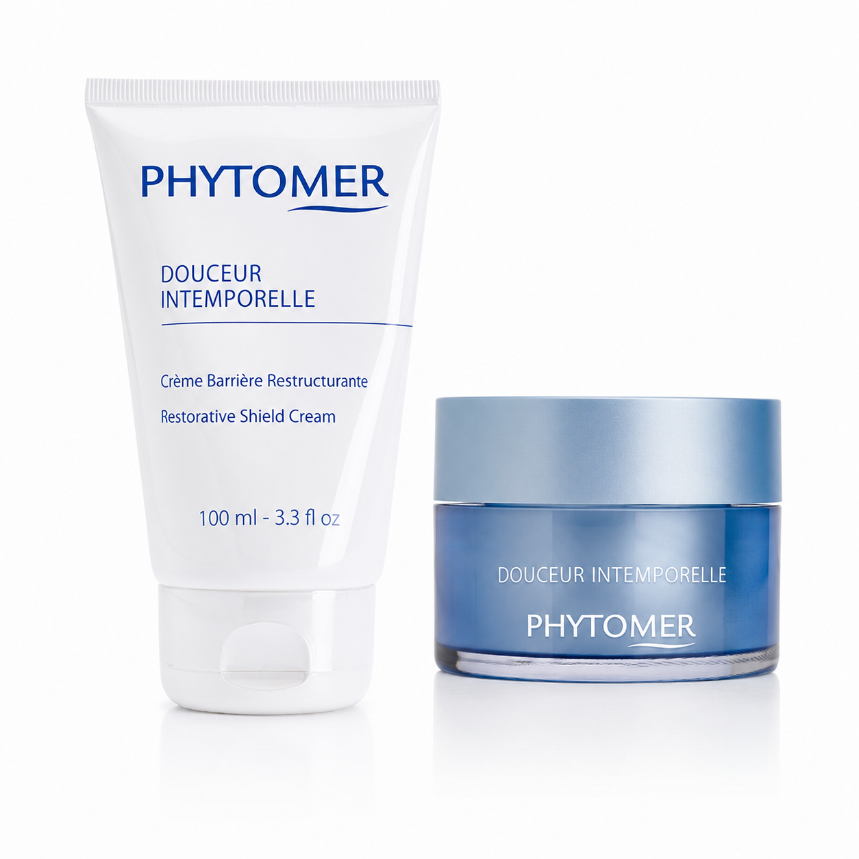 PHYTOMER Douceur Intemporelle Restorative Shield Cream duo featuring the 50ml retail jar and 100ml professional treatment tube displayed together on a clean white background.