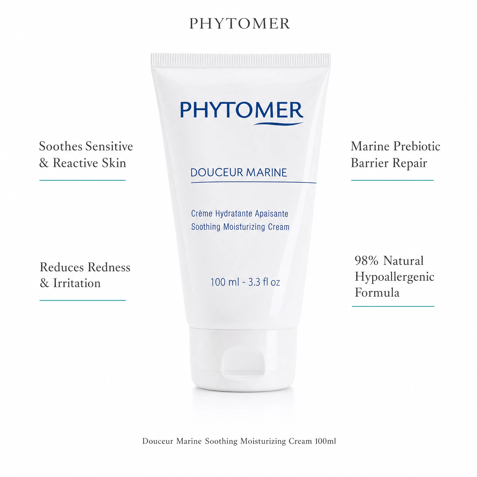 Phytomer Douceur Marine Soothing Moisturizing Cream 100ml with four professional benefit callouts: Soothes Sensitive and Reactive Skin, Reduces Redness and Irritation, Marine Prebiotic Barrier Repair, 98% Natural Hypoallergenic Formula