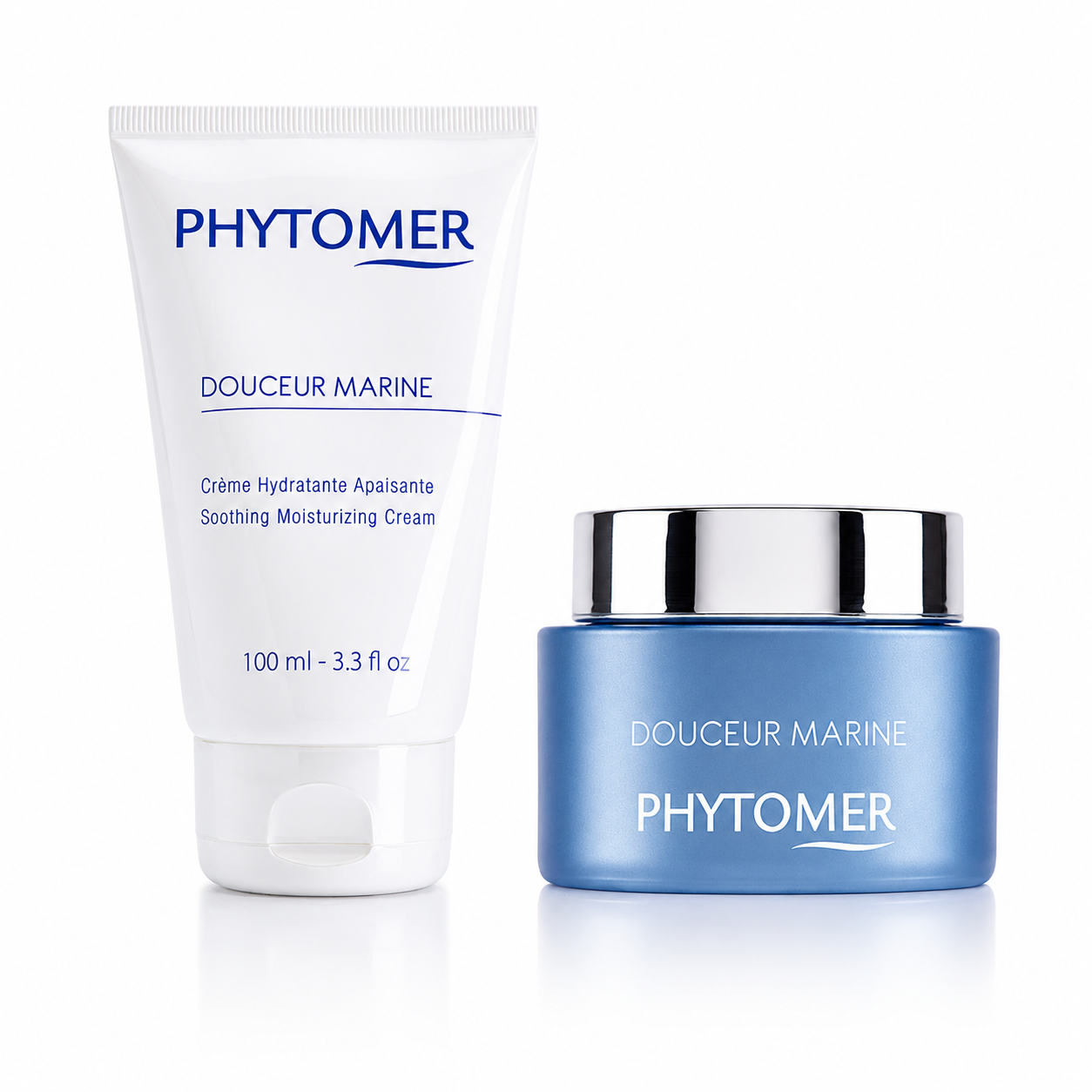 Phytomer Douceur Marine Soothing Moisturizing Cream duo featuring 100ml professional tube and 50ml retail jar on a clean white background.
